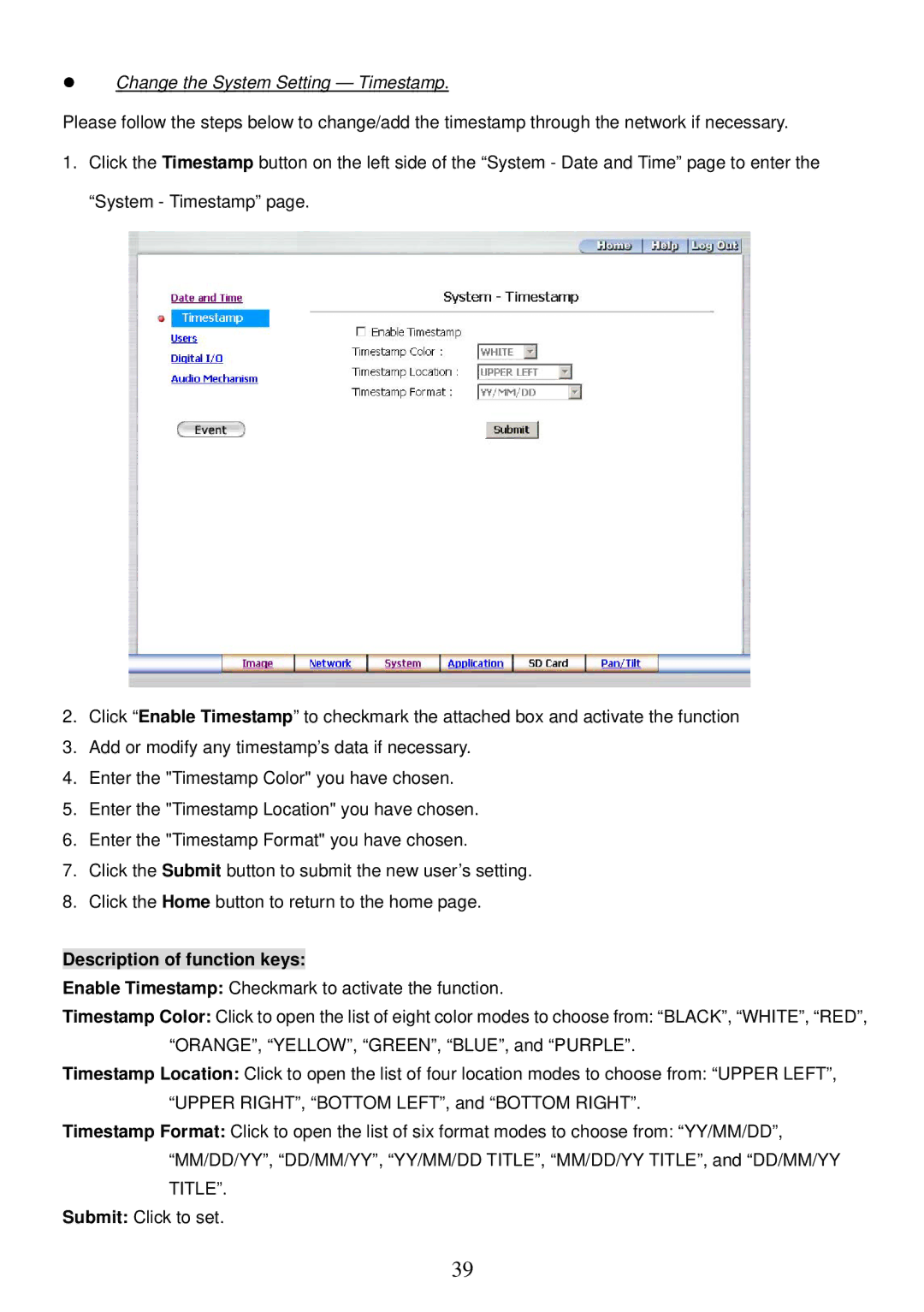 Sony MPEG4 LAN Camera operation manual Change the System Setting Timestamp 