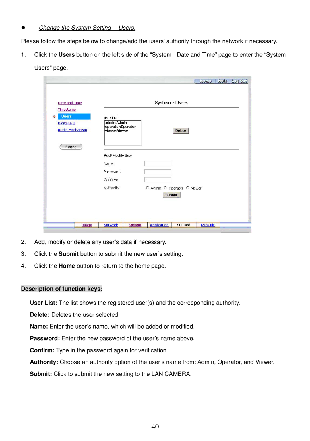 Sony MPEG4 LAN Camera operation manual Change the System Setting -Users 