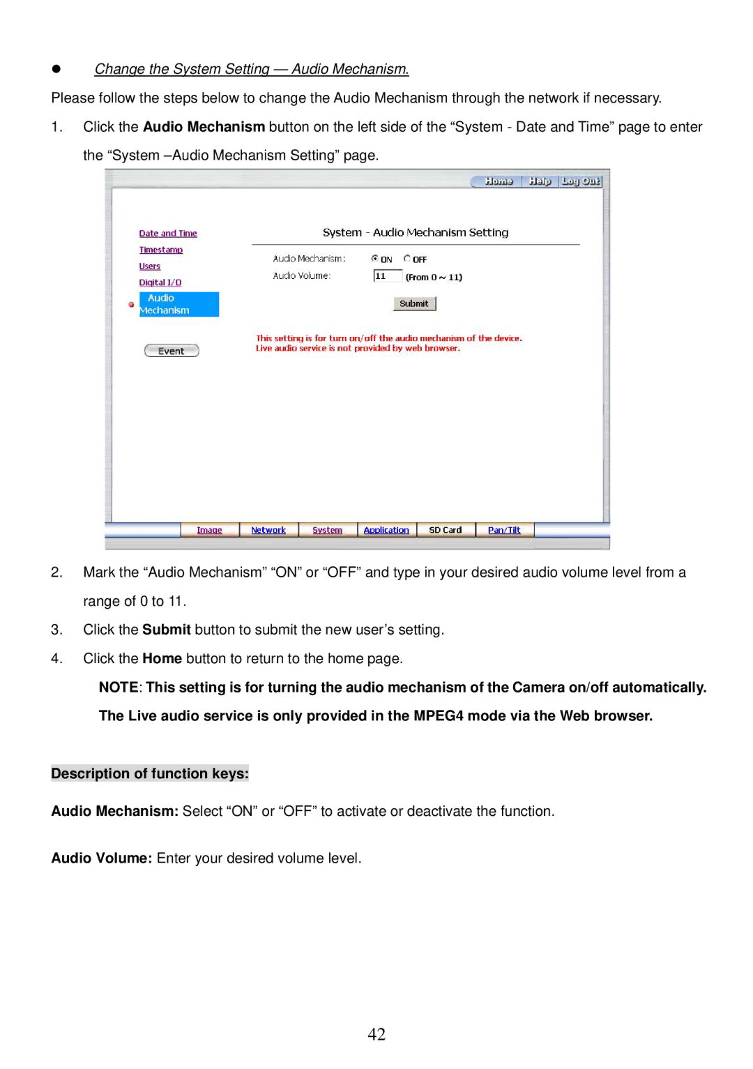 Sony MPEG4 LAN Camera operation manual Change the System Setting Audio Mechanism 