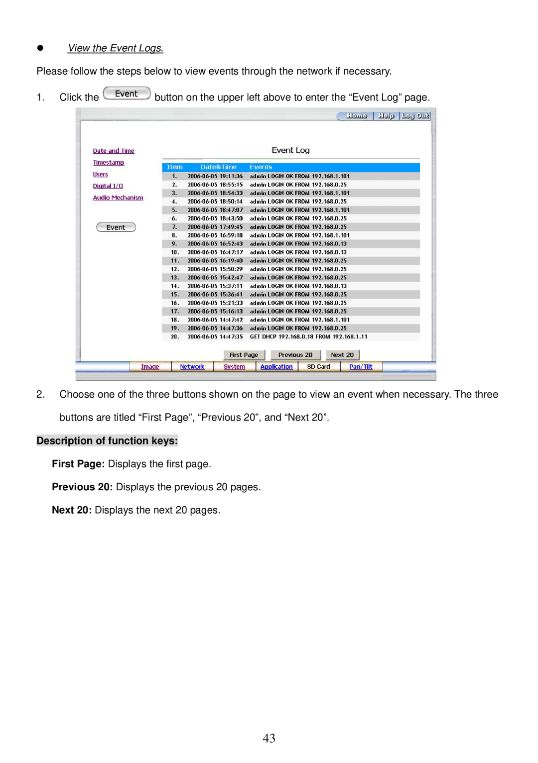 Sony MPEG4 LAN Camera operation manual View the Event Logs 