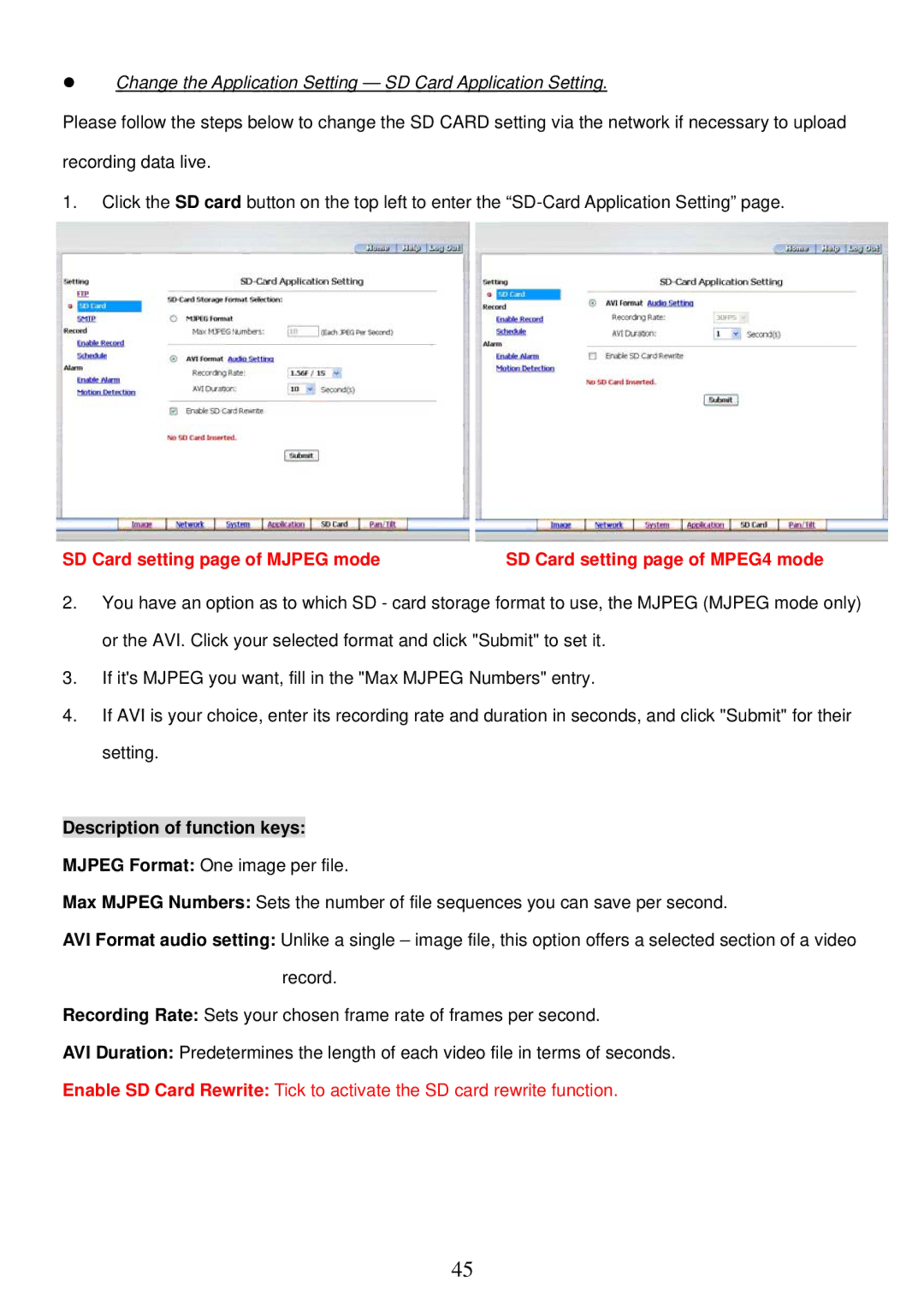 Sony MPEG4 LAN Camera Change the Application Setting SD Card Application Setting, SD Card setting page of Mjpeg mode 