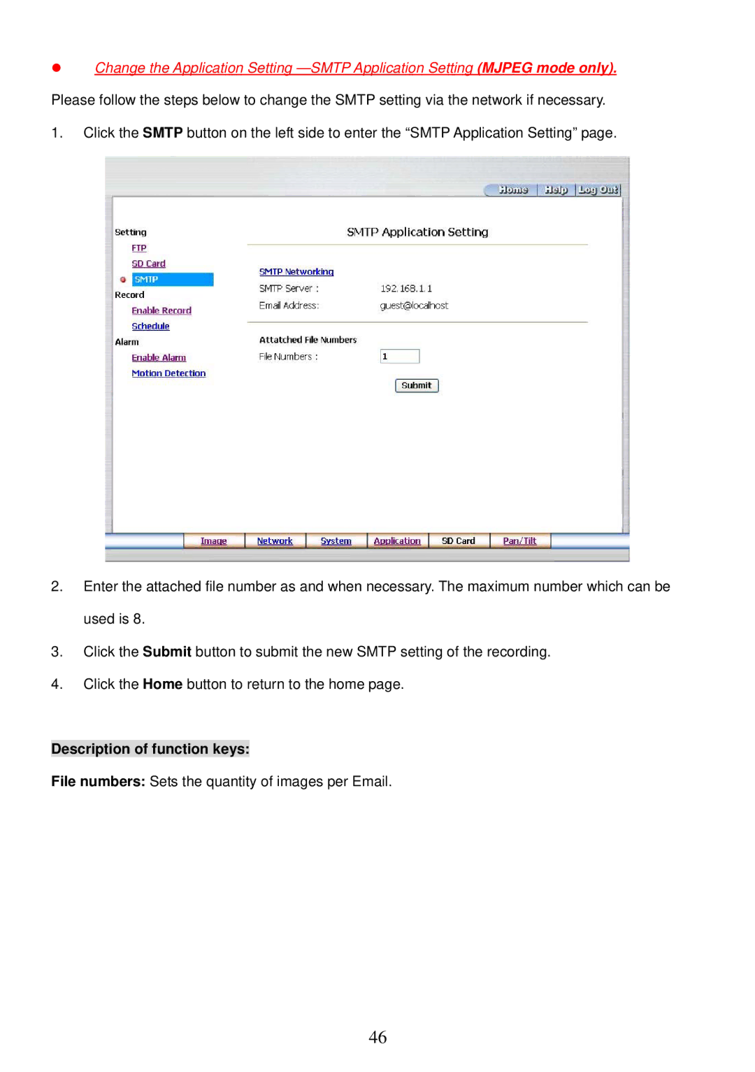 Sony MPEG4 LAN Camera operation manual File numbers Sets the quantity of images per Email 