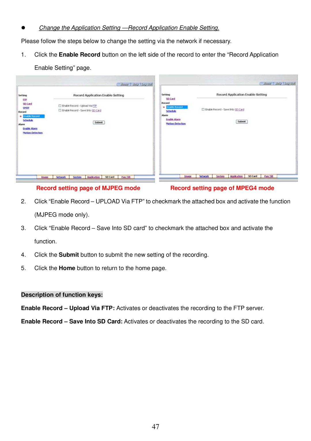 Sony MPEG4 LAN Camera operation manual Record setting page of Mjpeg mode 