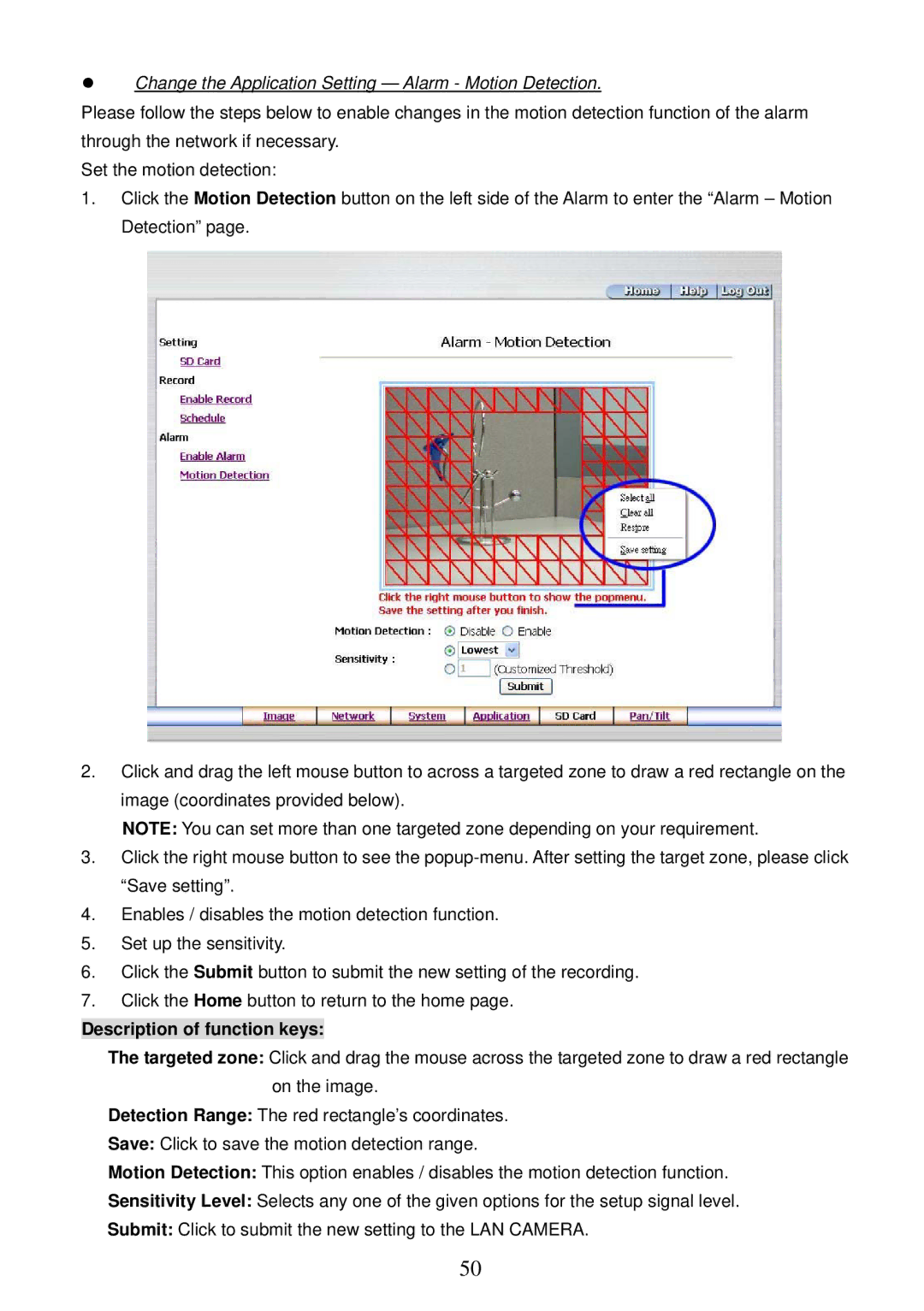 Sony MPEG4 LAN Camera operation manual Change the Application Setting Alarm Motion Detection 