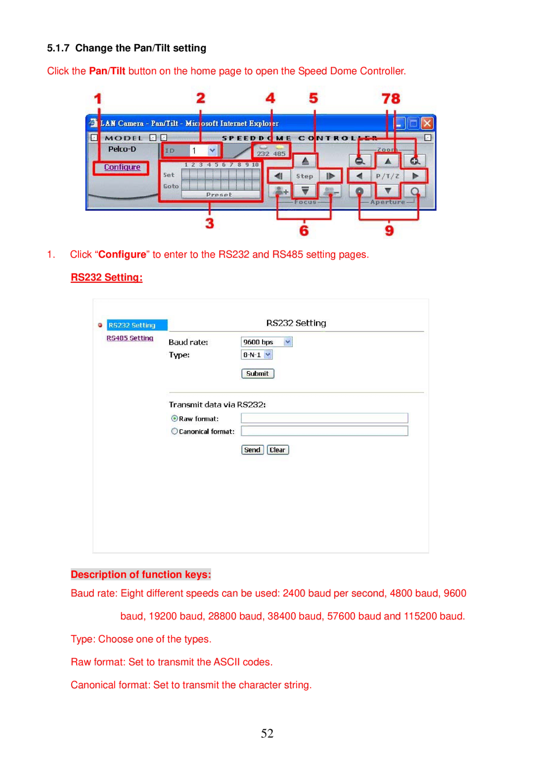 Sony MPEG4 LAN Camera operation manual Change the Pan/Tilt setting, RS232 Setting Description of function keys 