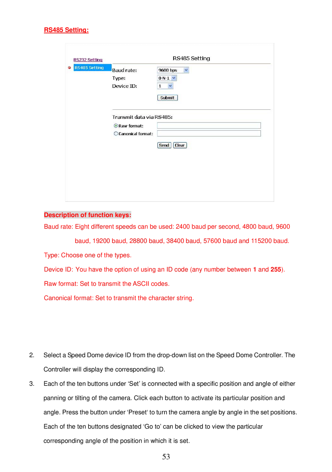 Sony MPEG4 LAN Camera operation manual RS485 Setting Description of function keys 