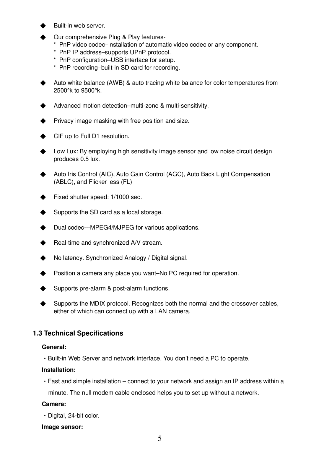 Sony MPEG4 LAN Camera operation manual Technical Specifications, General, Installation, Image sensor 