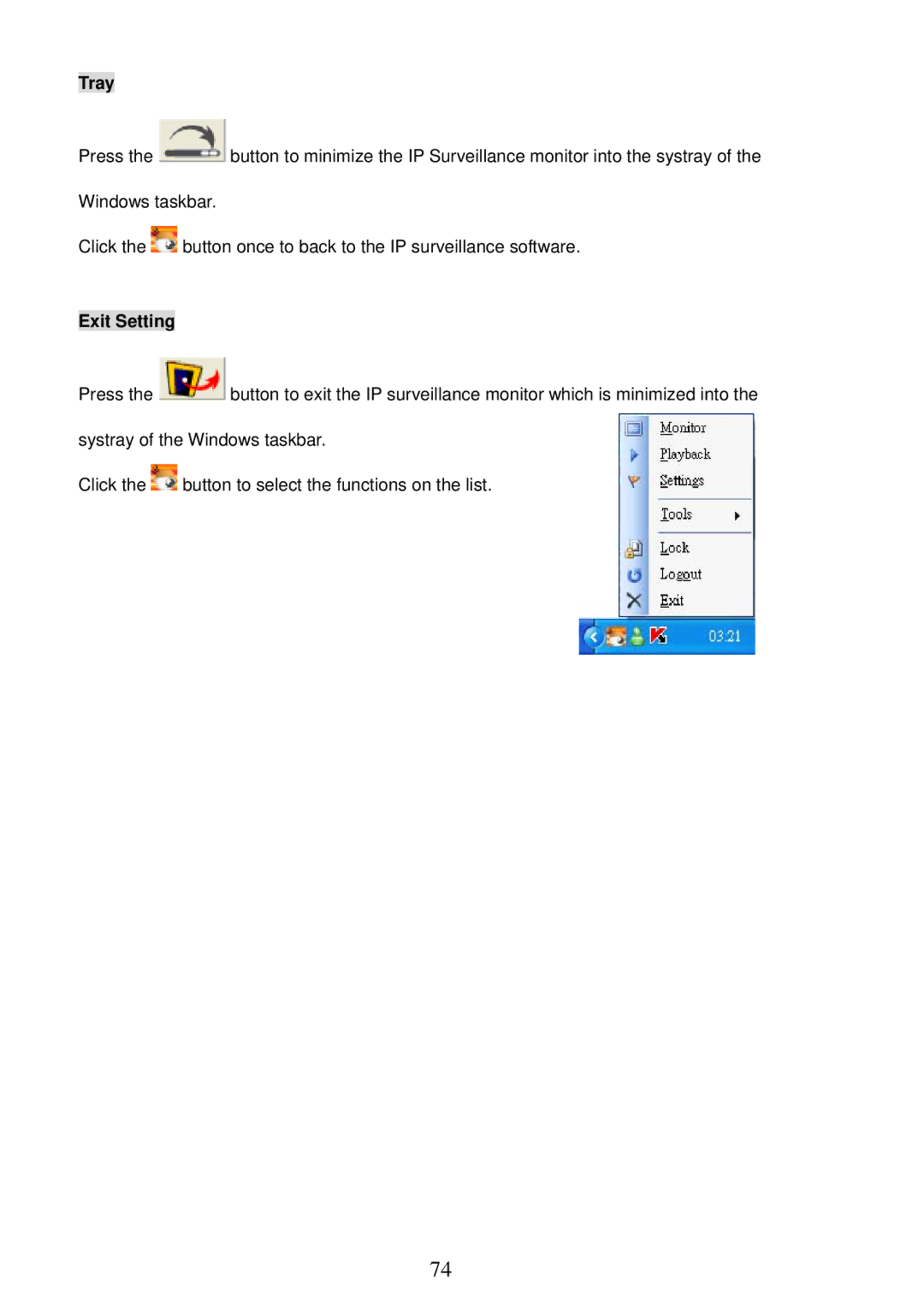 Sony MPEG4 LAN Camera operation manual Tray, Exit Setting 