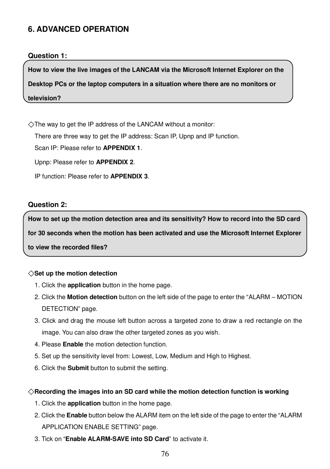 Sony MPEG4 LAN Camera operation manual Question, Tick on Enable ALARM-SAVE into SD Card to activate it 