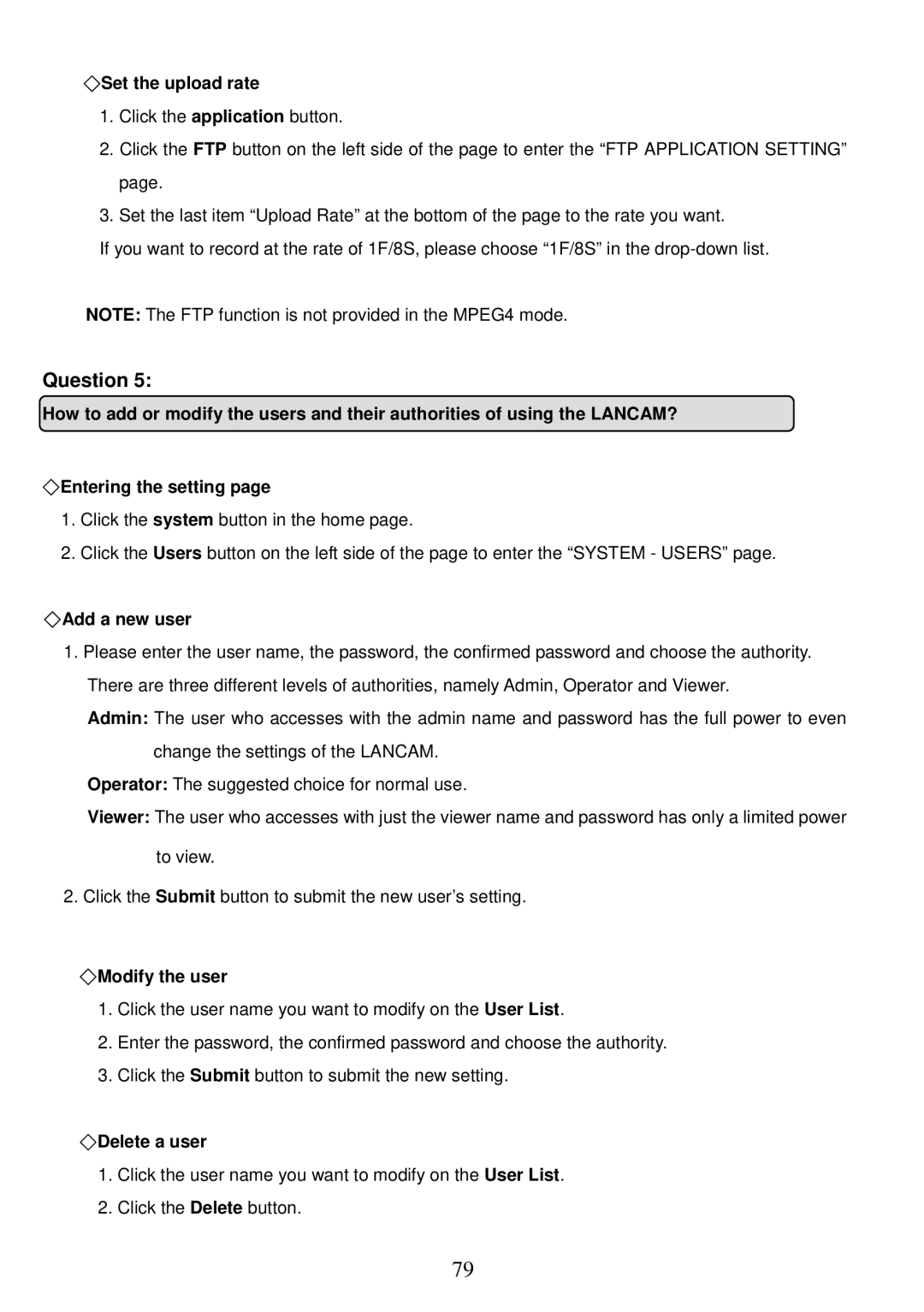 Sony MPEG4 LAN Camera operation manual Set the upload rate, Add a new user, Modify the user, Delete a user 