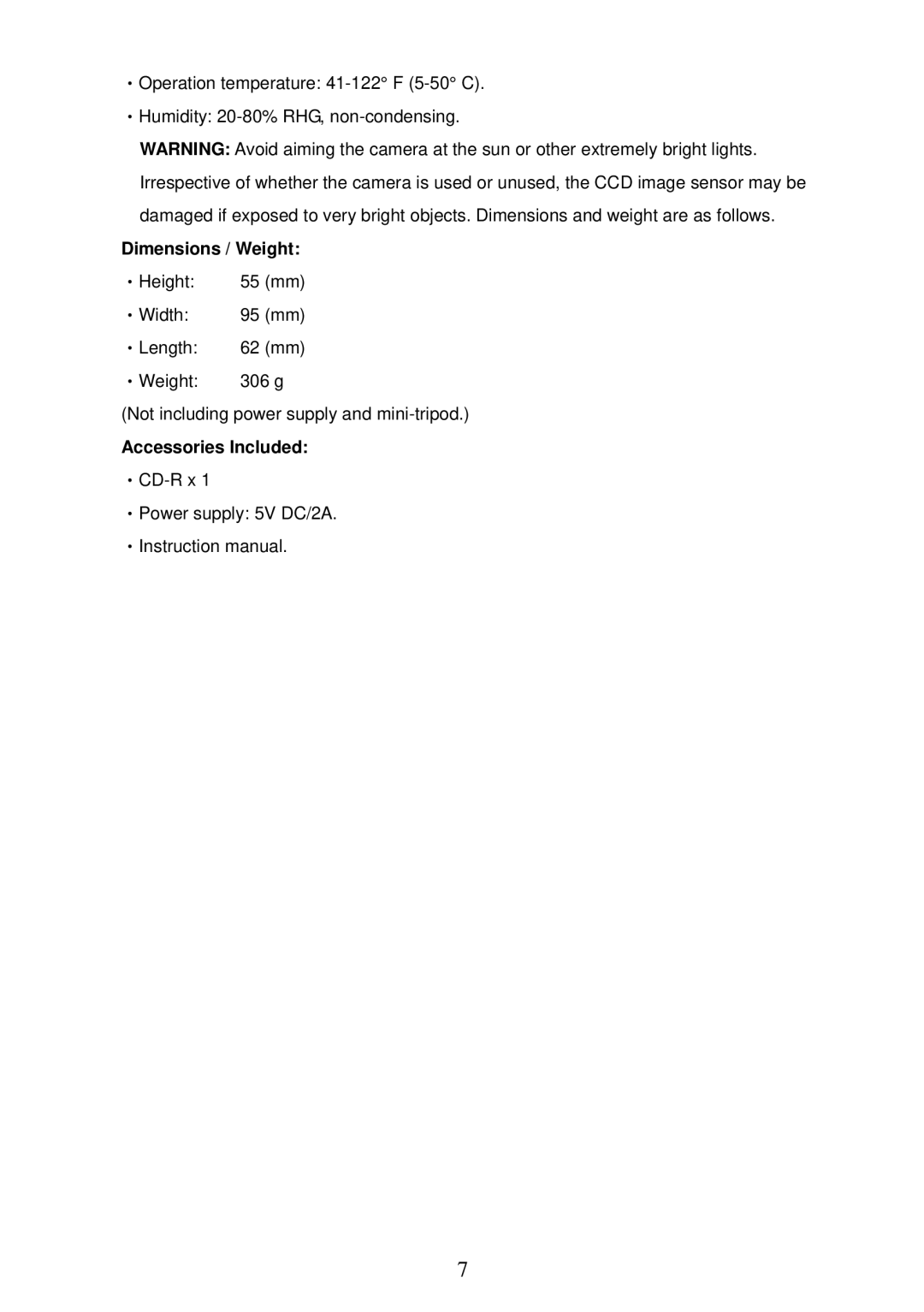 Sony MPEG4 LAN Camera operation manual Dimensions / Weight, Accessories Included 