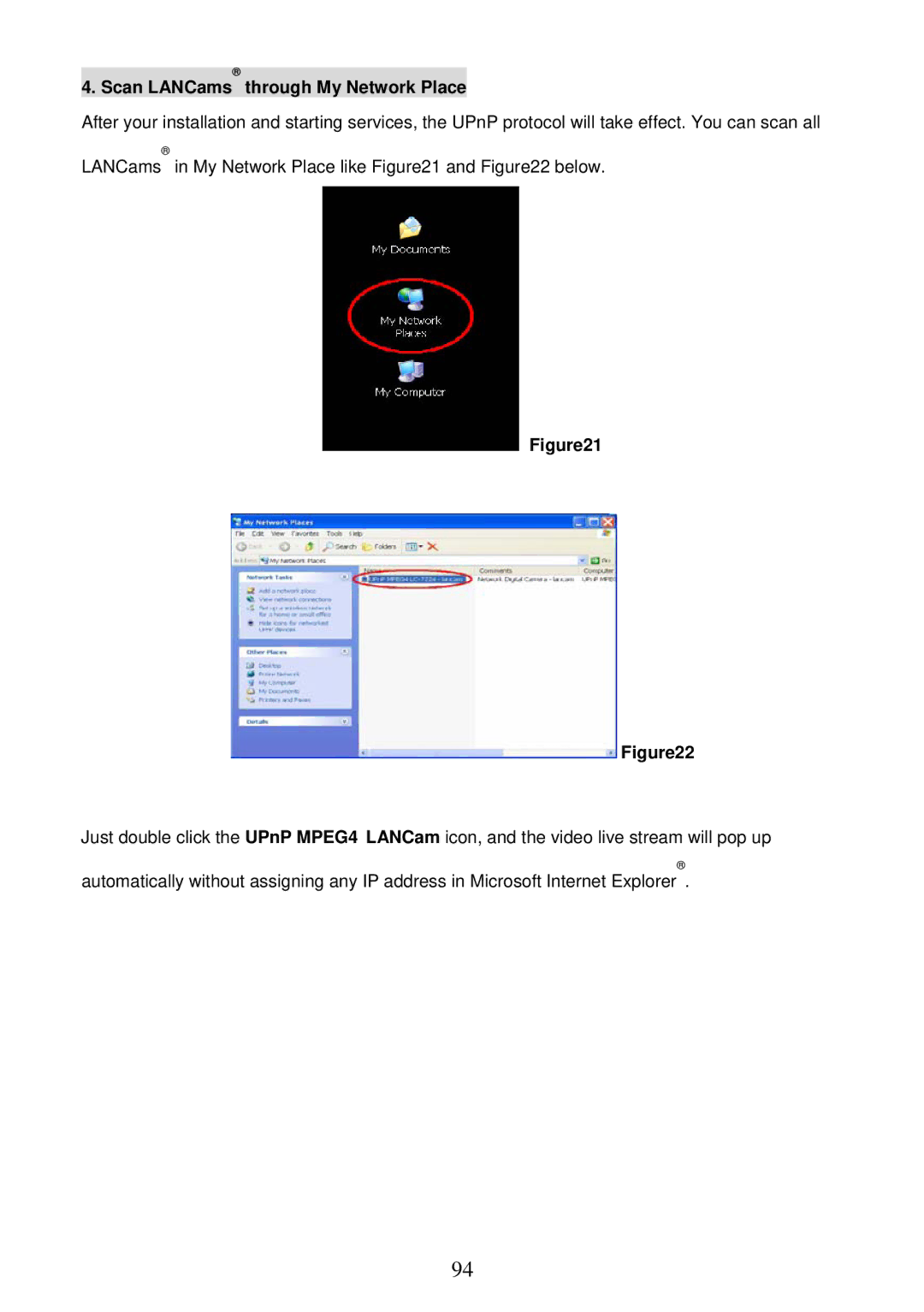 Sony MPEG4 LAN Camera operation manual Scan LANCams through My Network Place 