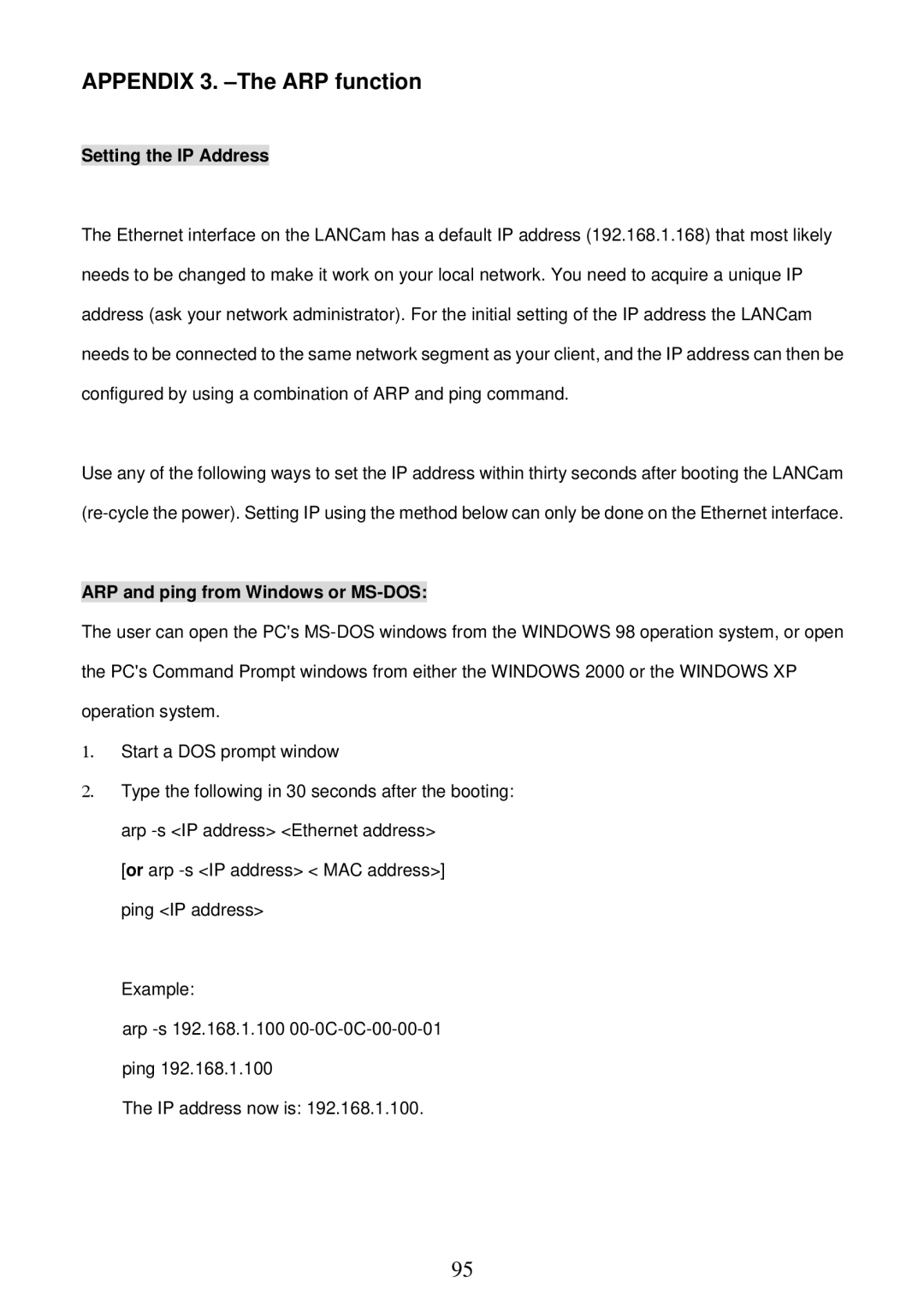 Sony MPEG4 LAN Camera operation manual Setting the IP Address, ARP and ping from Windows or MS-DOS 