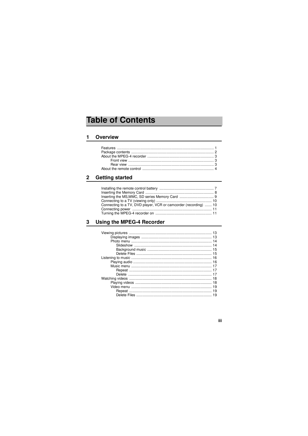 Sony MPEG4 Video Recorder manual Table of Contents 