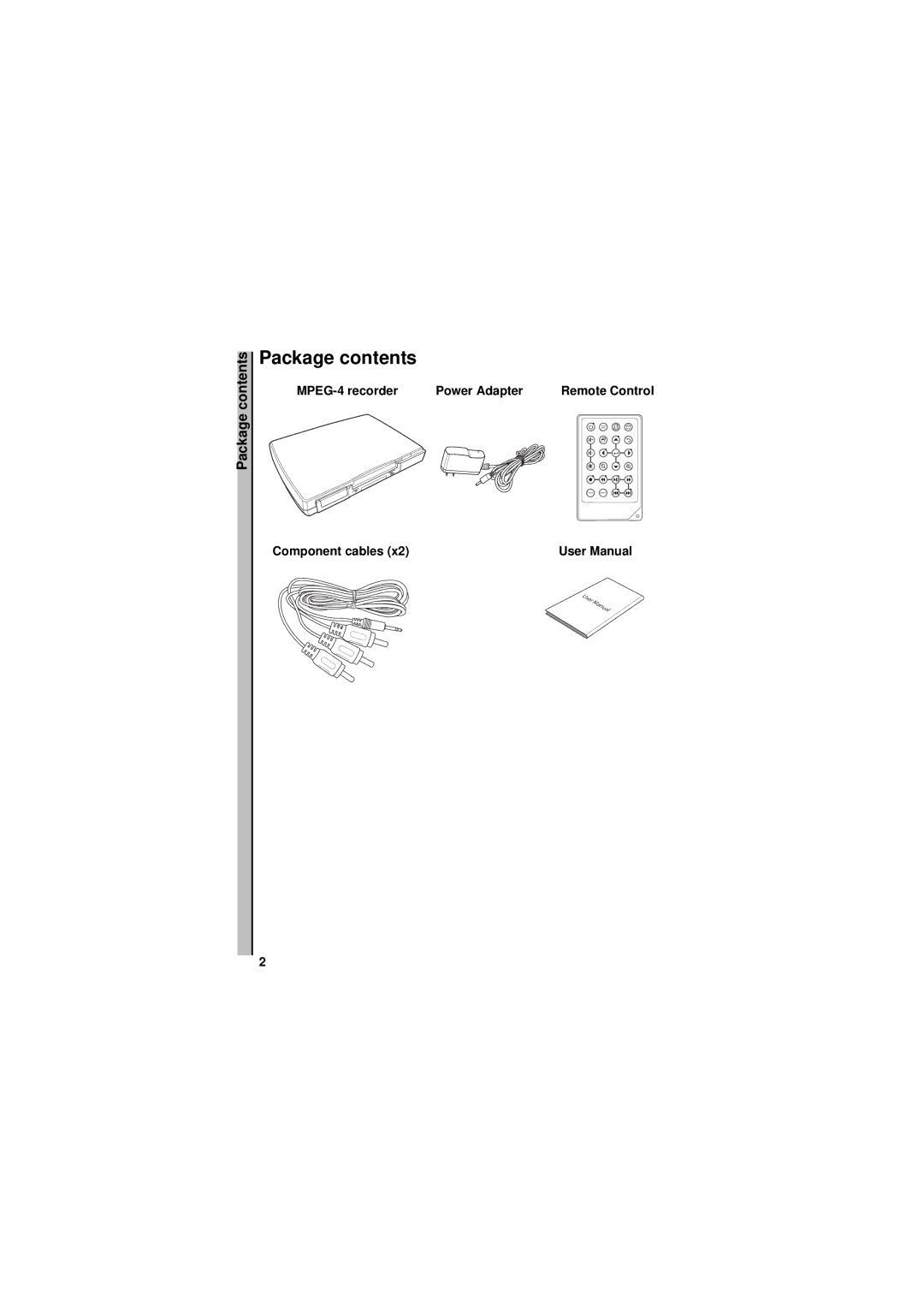 Sony MPEG4 Video Recorder manual Package contents 