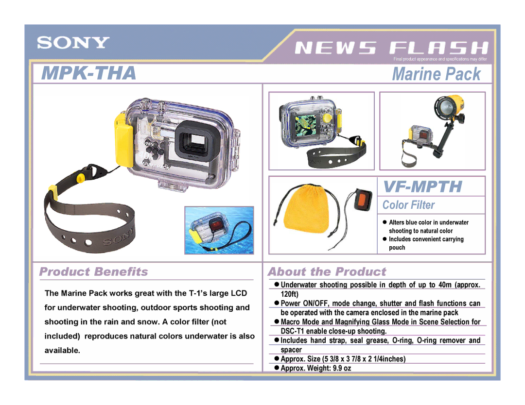 Sony MPK-THA specifications Mpk-Tha, Marine Pack, Vf-Mpth, Color Filter, Product Benefits About the Product 