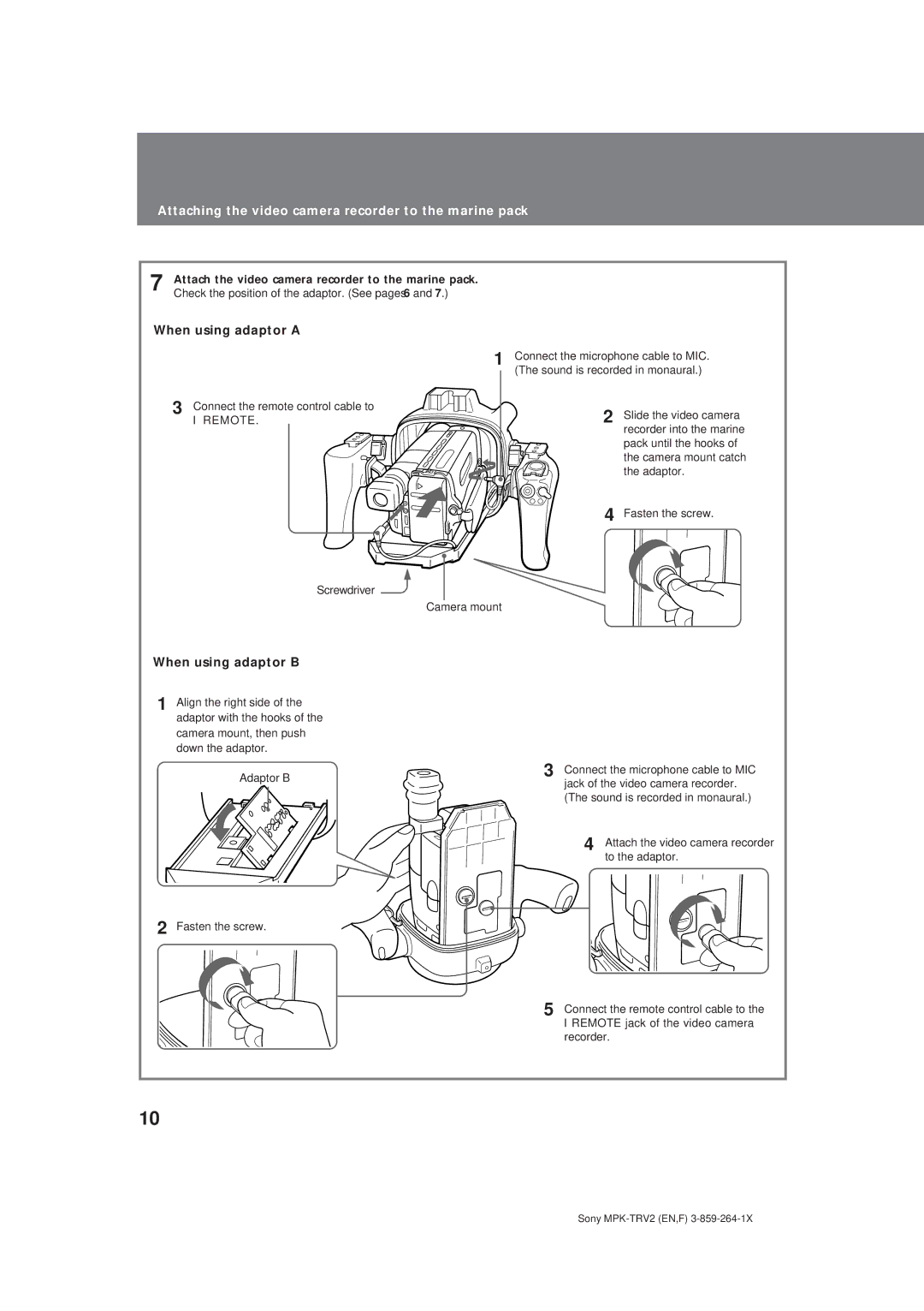 Sony MPK-TRV2 operating instructions When using adaptor a, When using adaptor B 