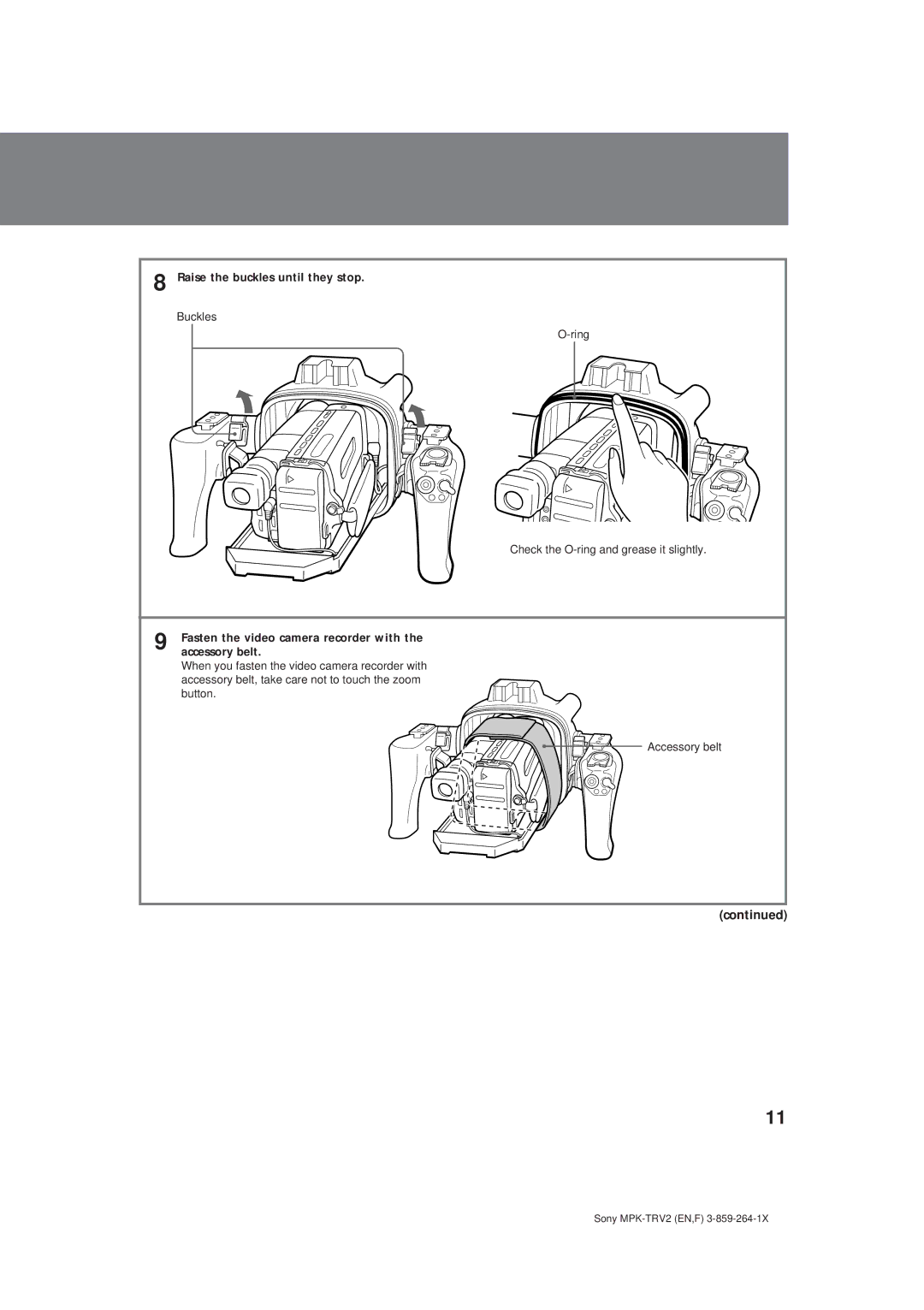 Sony MPK-TRV2 Raise the buckles until they stop, Fasten the video camera recorder with, Accessory belt 