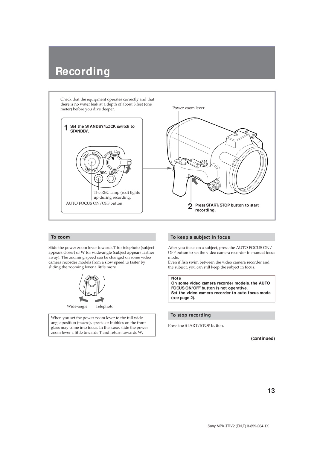 Sony MPK-TRV2 operating instructions Recording, To zoom, To keep a subject in focus, To stop recording 