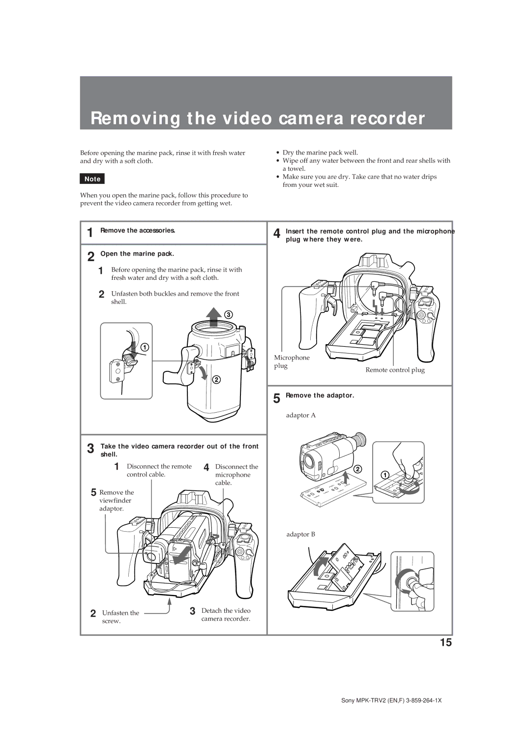 Sony MPK-TRV2 Removing the video camera recorder, Remove the accessories Open the marine pack, Remove the adaptor 