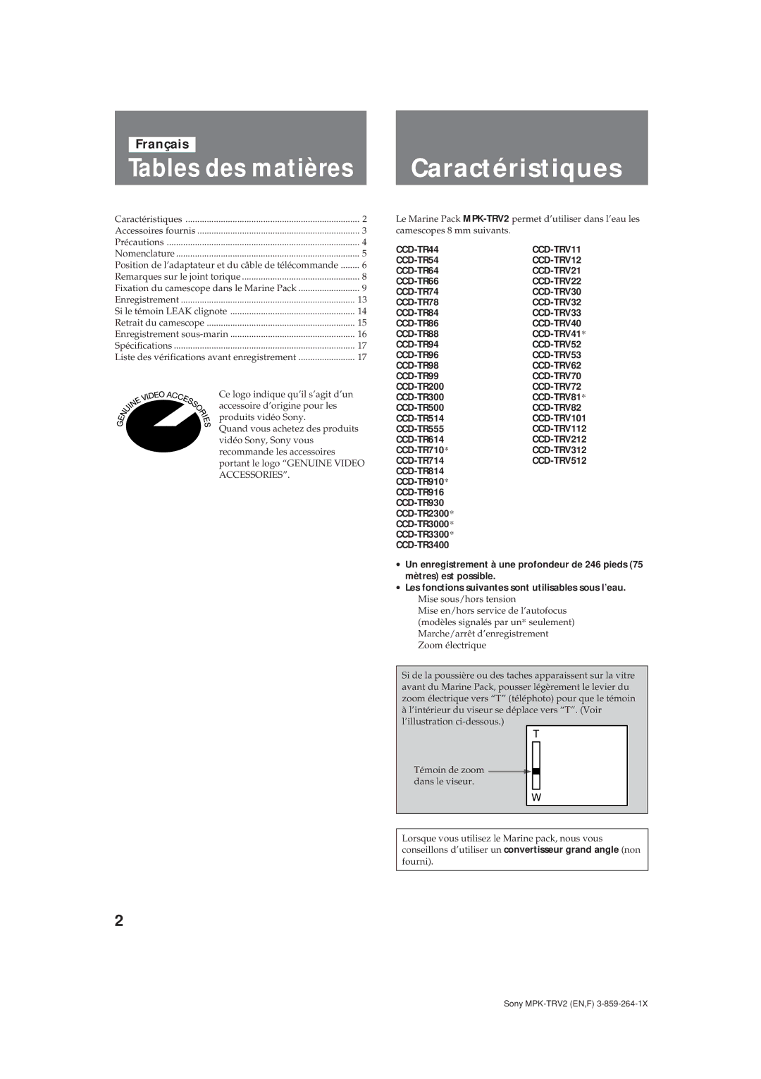 Sony MPK-TRV2 operating instructions Tables des matières Caractéristiques, 218, CCD-TR710, CCD-TR910 