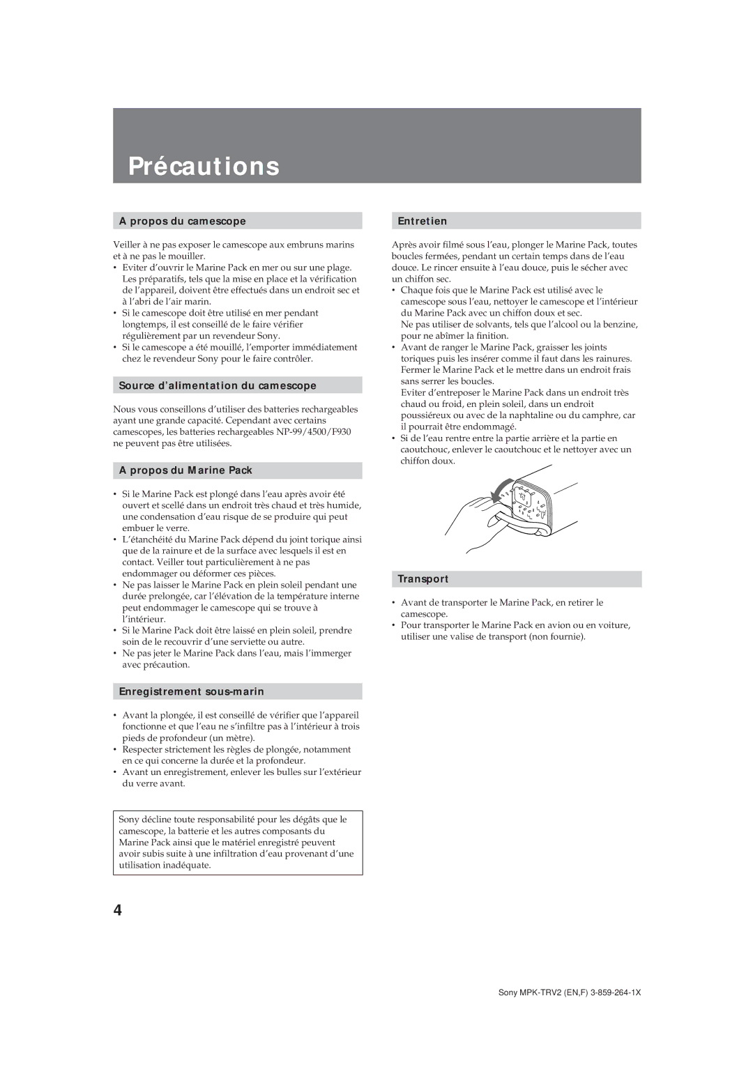 Sony MPK-TRV2 operating instructions Précautions, 420 