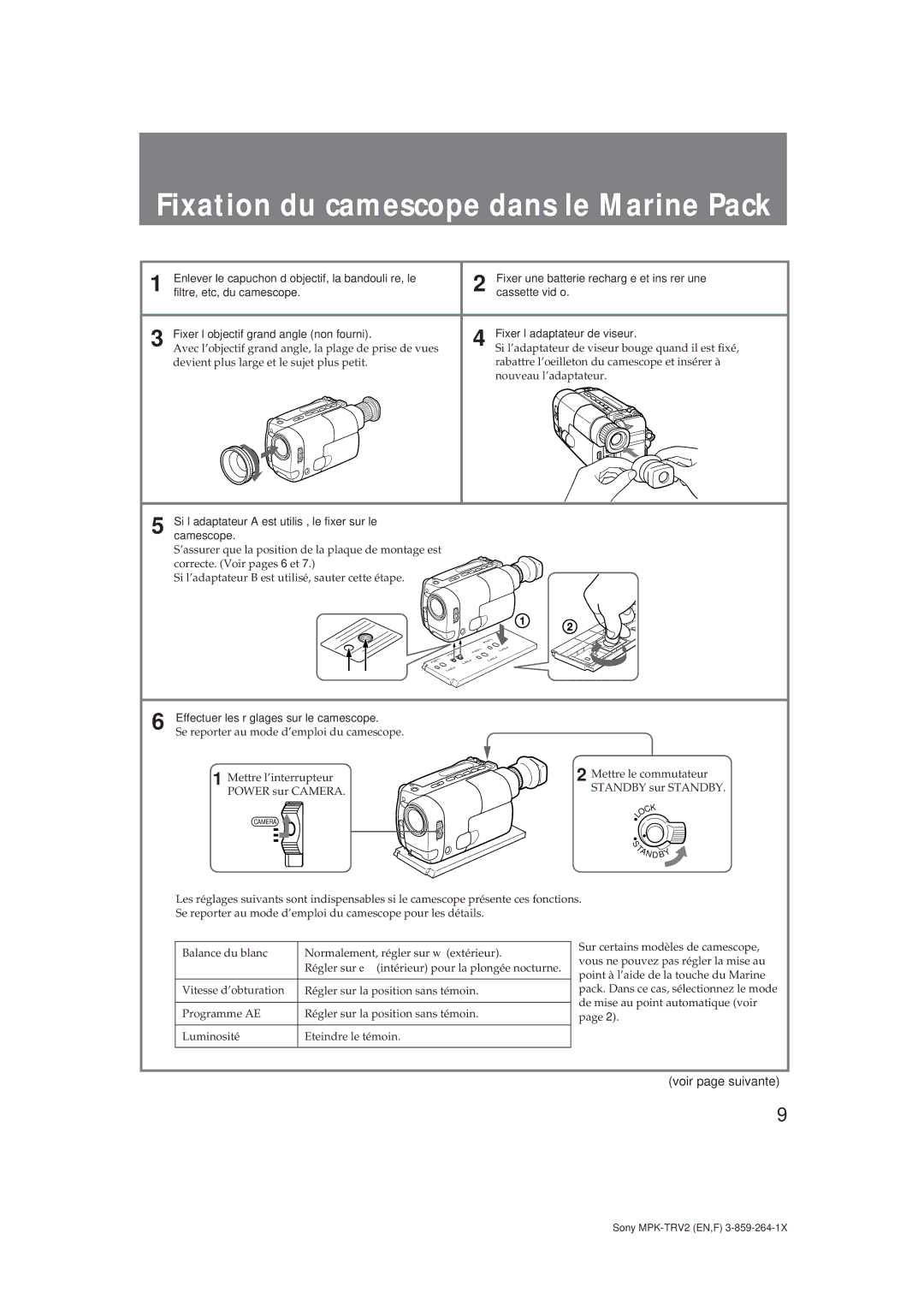 Sony MPK-TRV2 Fixation du camescope dans le Marine Pack, 259, Voir page suivante, Effectuer les réglages sur le camescope 