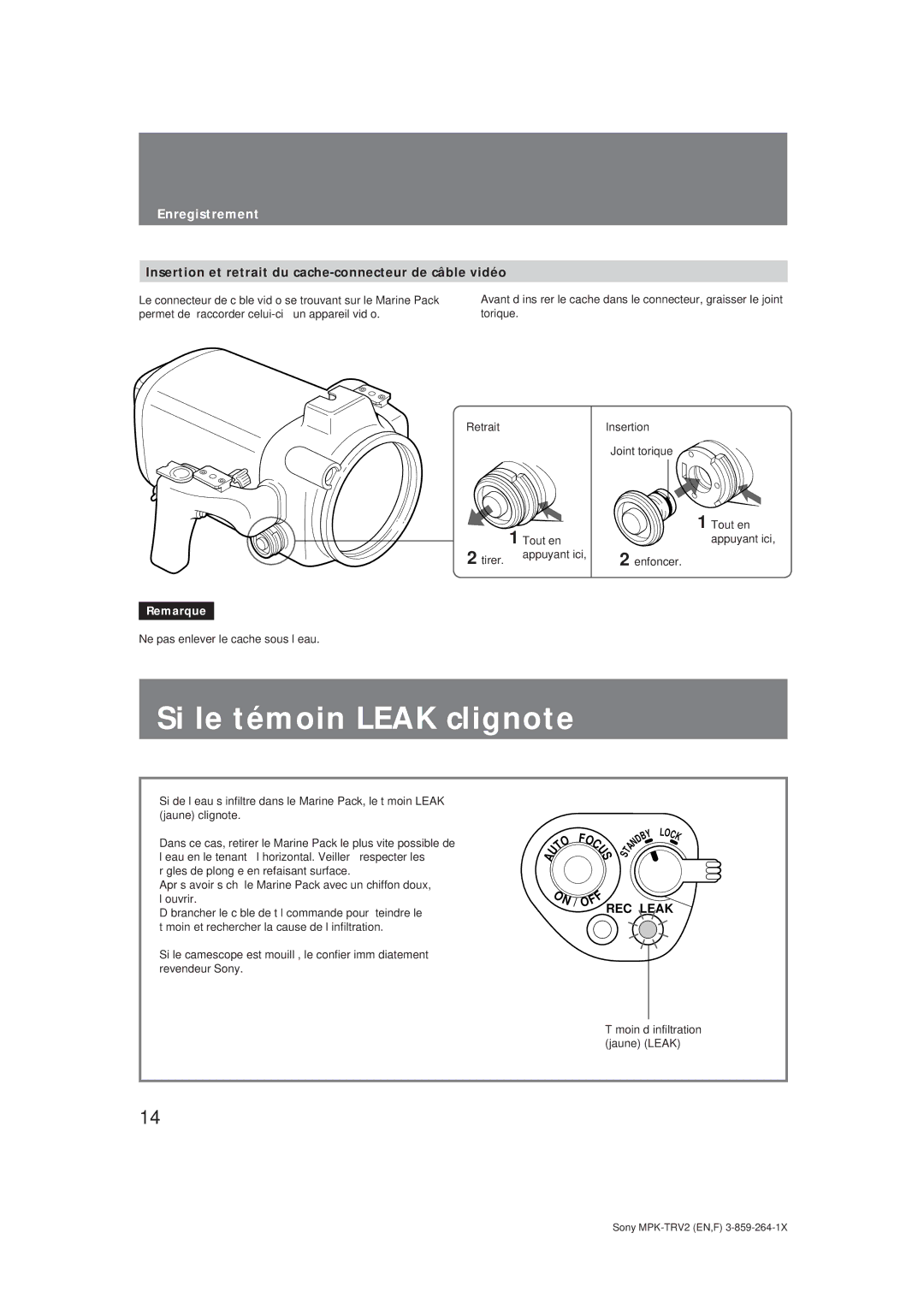 Sony MPK-TRV2 Si le témoin Leak clignote, 3014, Insertion et retrait du cache-connecteur de câble vidéo, RetraitInsertion 