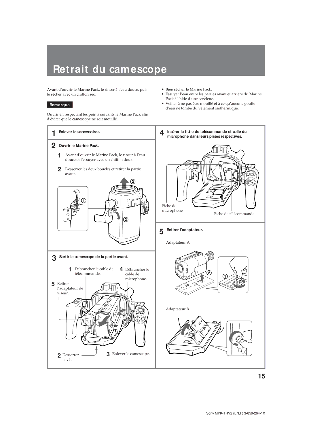 Sony MPK-TRV2 Retrait du camescope, 3115, Enlever les accessoires Ouvrir le Marine Pack, Retirer l’adaptateur 