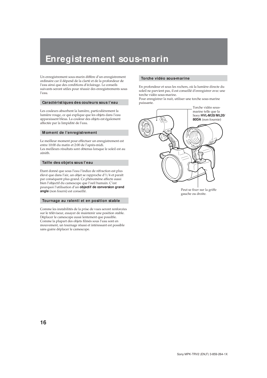 Sony MPK-TRV2 operating instructions Enregistrement sous-marin, 3216 