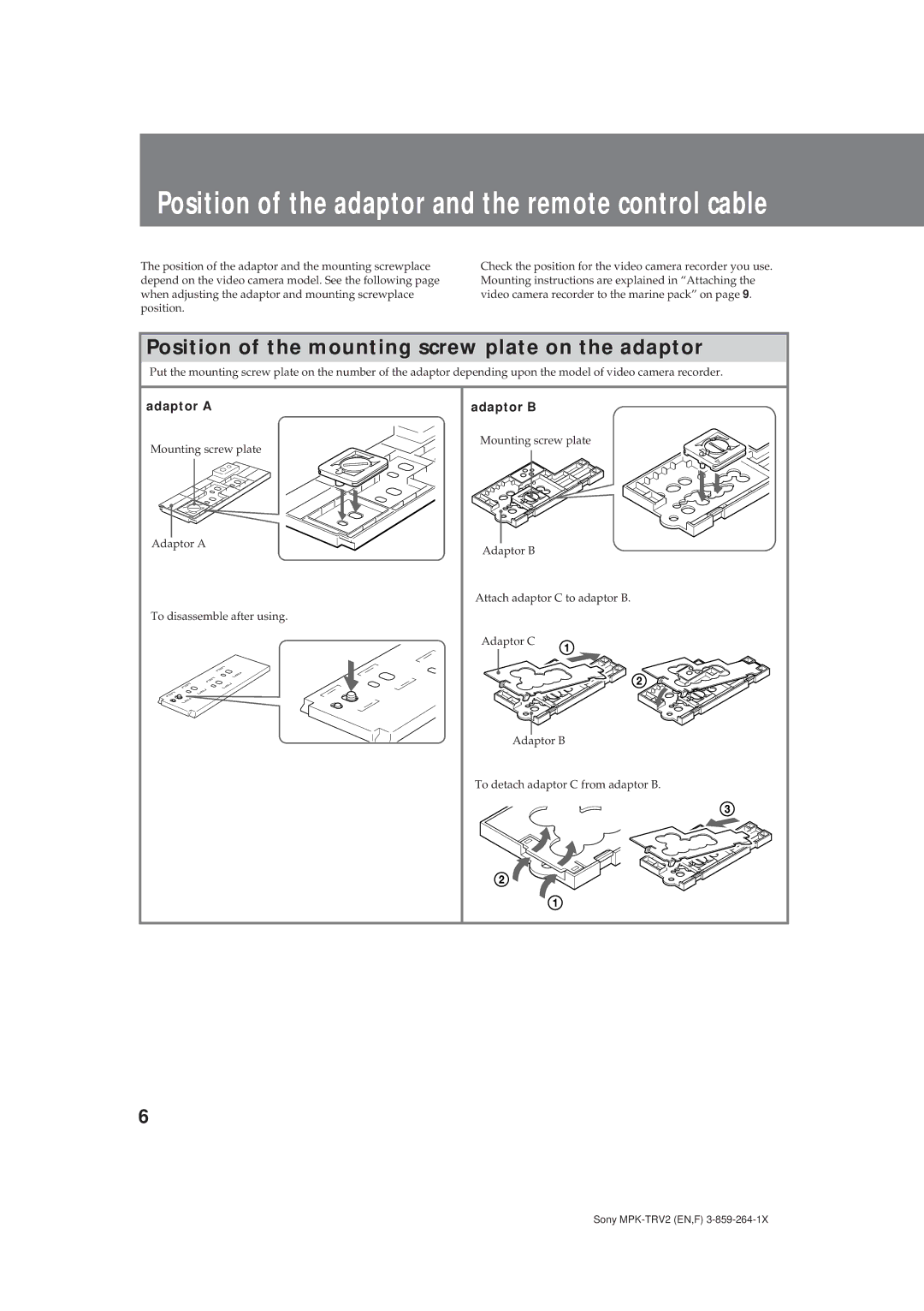 Sony MPK-TRV2 operating instructions Position of the adaptor and the remote control cable, Adaptor a, Adaptor B 