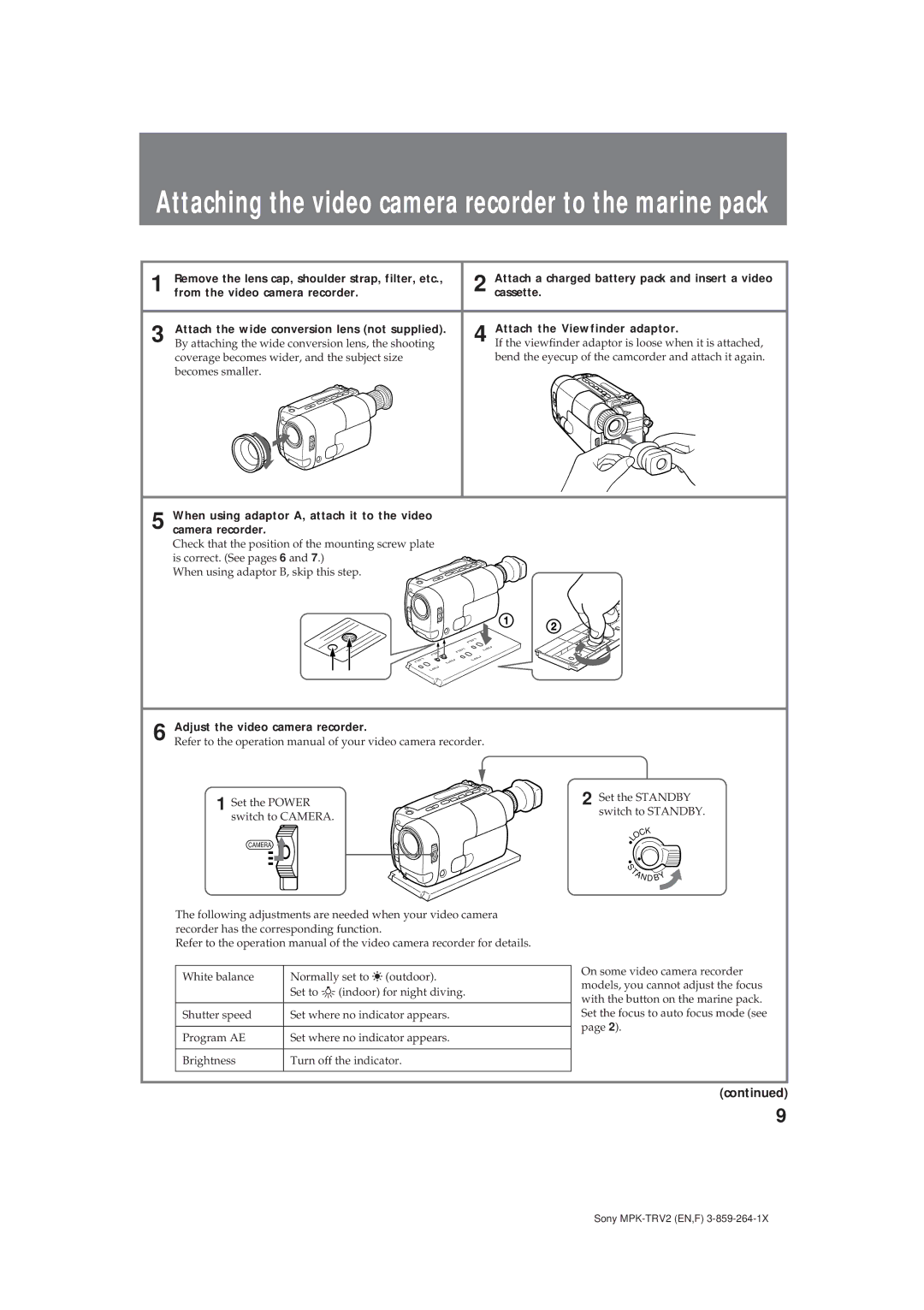 Sony MPK-TRV2 When using adaptor A, attach it to the video camera recorder, Adjust the video camera recorder 