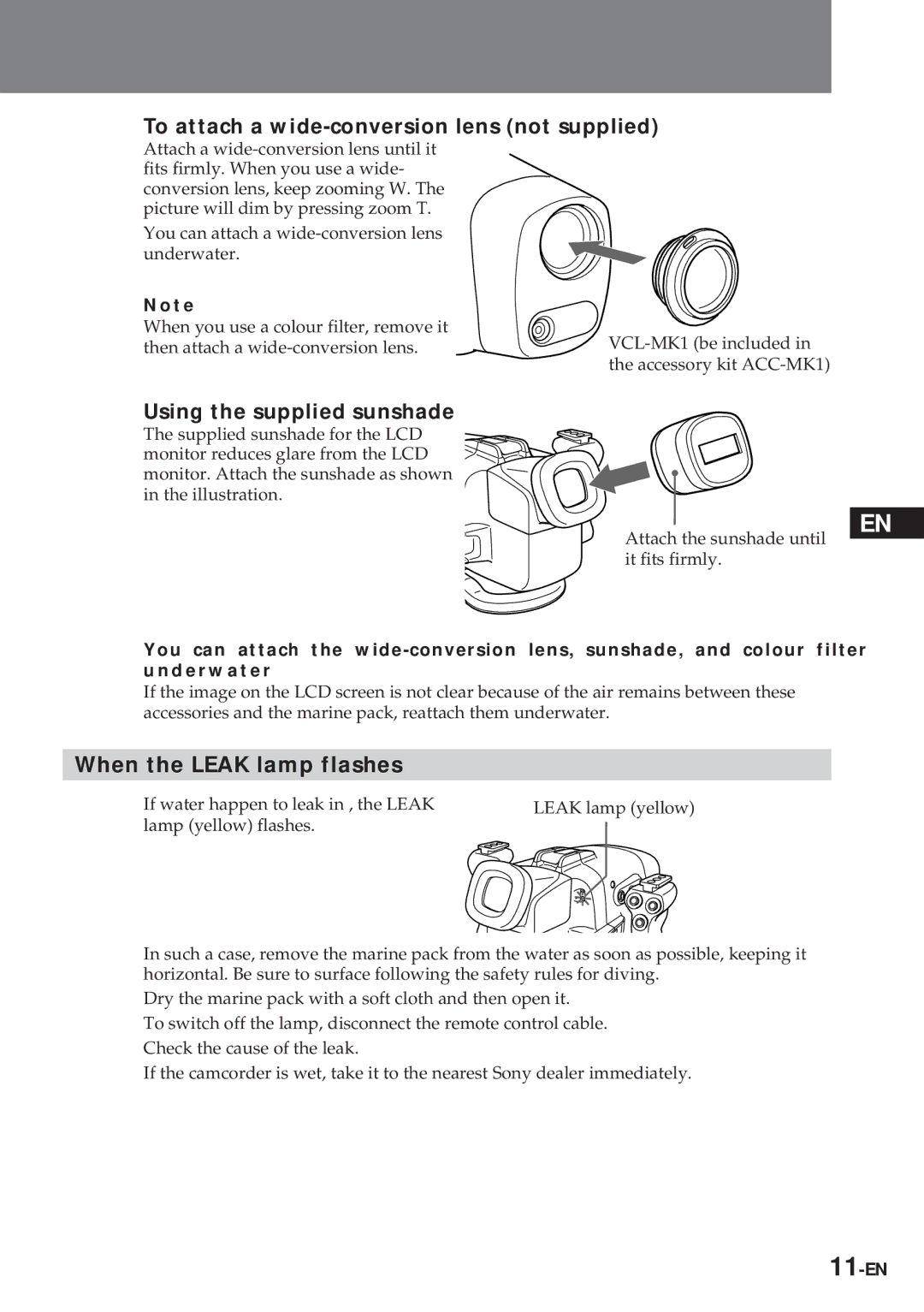 Sony MPK-TRV7 manual To attach a wide-conversion lens not supplied, Using the supplied sunshade, When the Leak lamp flashes 