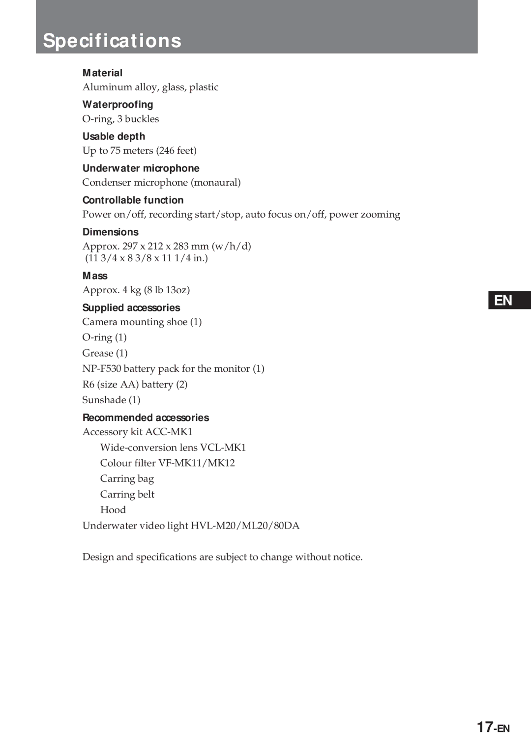 Sony MPK-TRV7 manual Specifications 