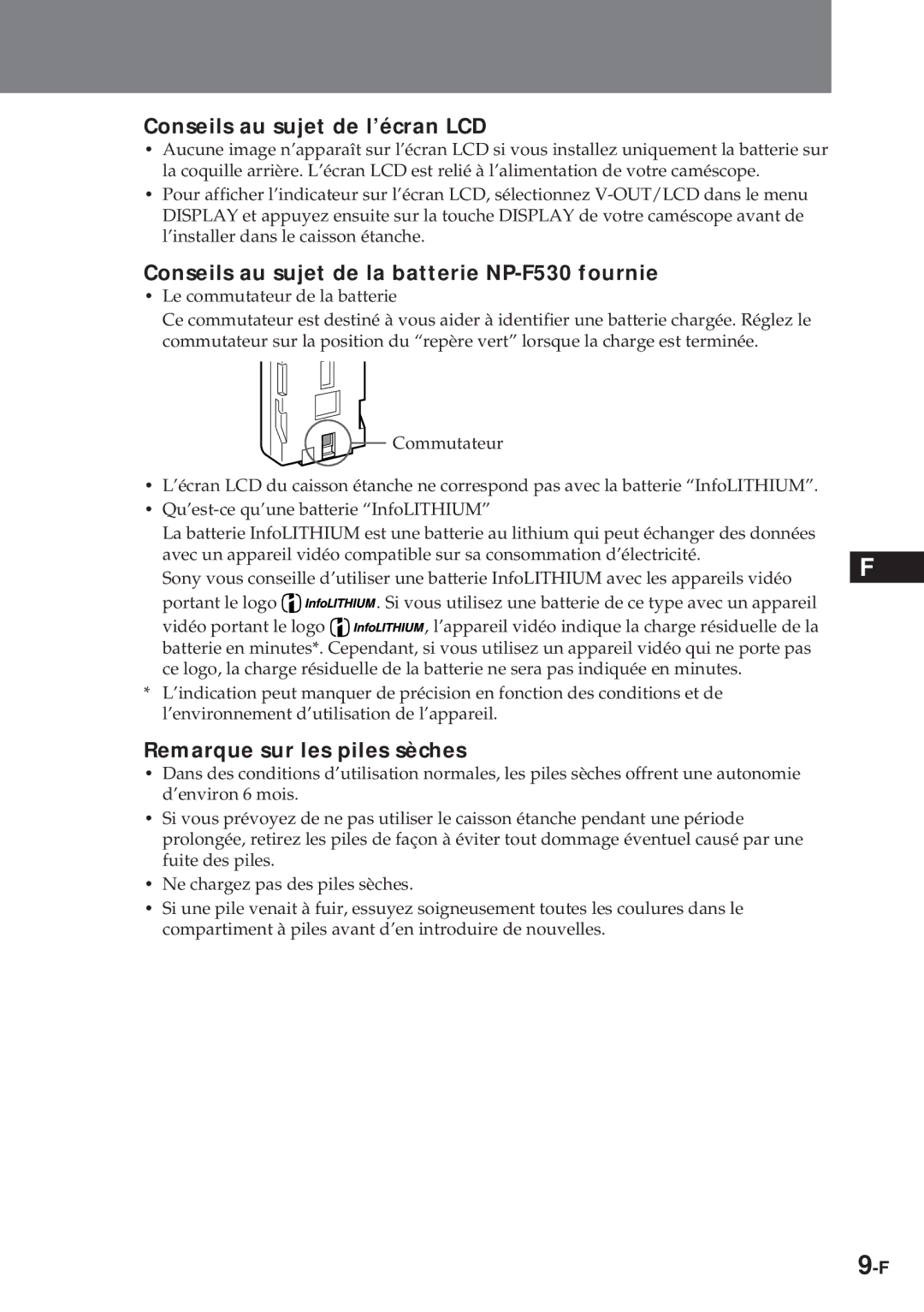 Sony MPK-TRV7 manual Conseils au sujet de l’écran LCD, Conseils au sujet de la batterie NP-F530 fournie 