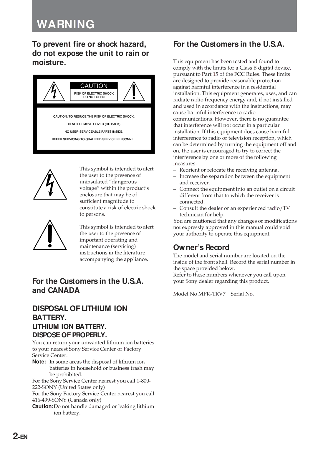 Sony MPK-TRV7 manual For the Customers in the U.S.A. and Canada, Owner’s Record 