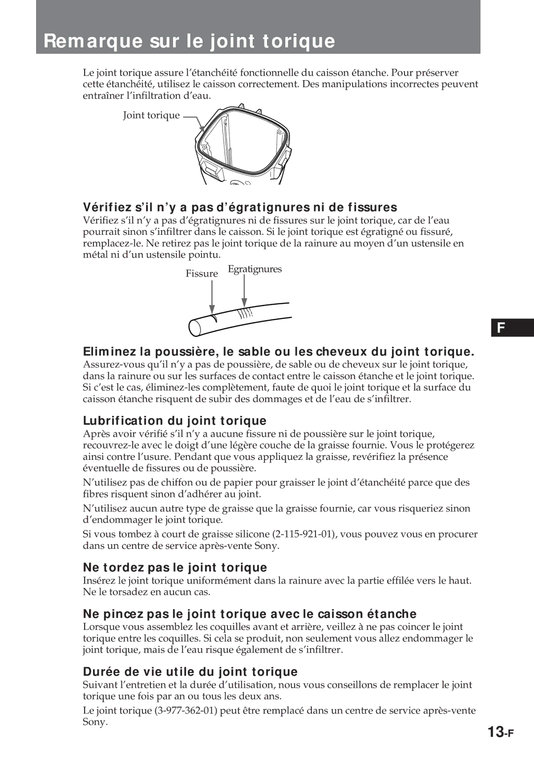 Sony MPK-TRV7 manual Remarque sur le joint torique 