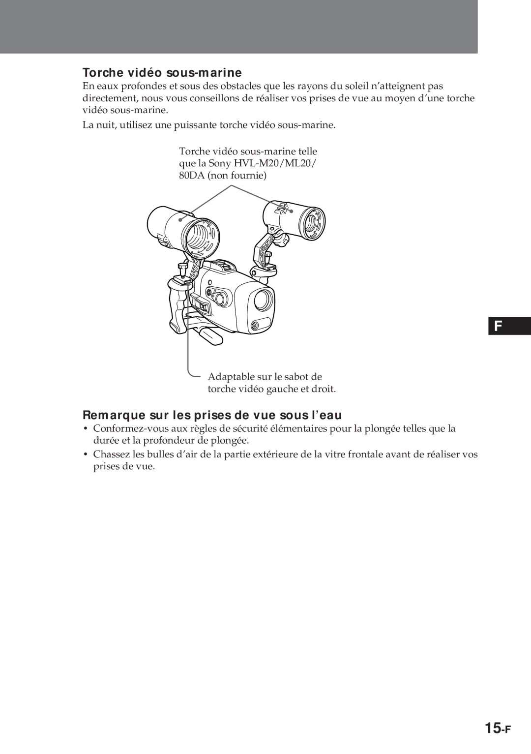 Sony MPK-TRV7 manual Torche vidéo sous-marine, Remarque sur les prises de vue sous l’eau 