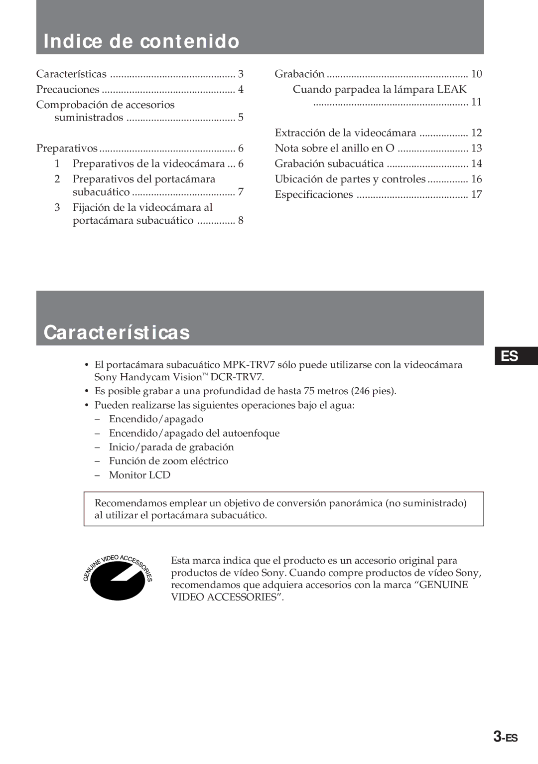 Sony MPK-TRV7 manual Indice de contenido, Características 