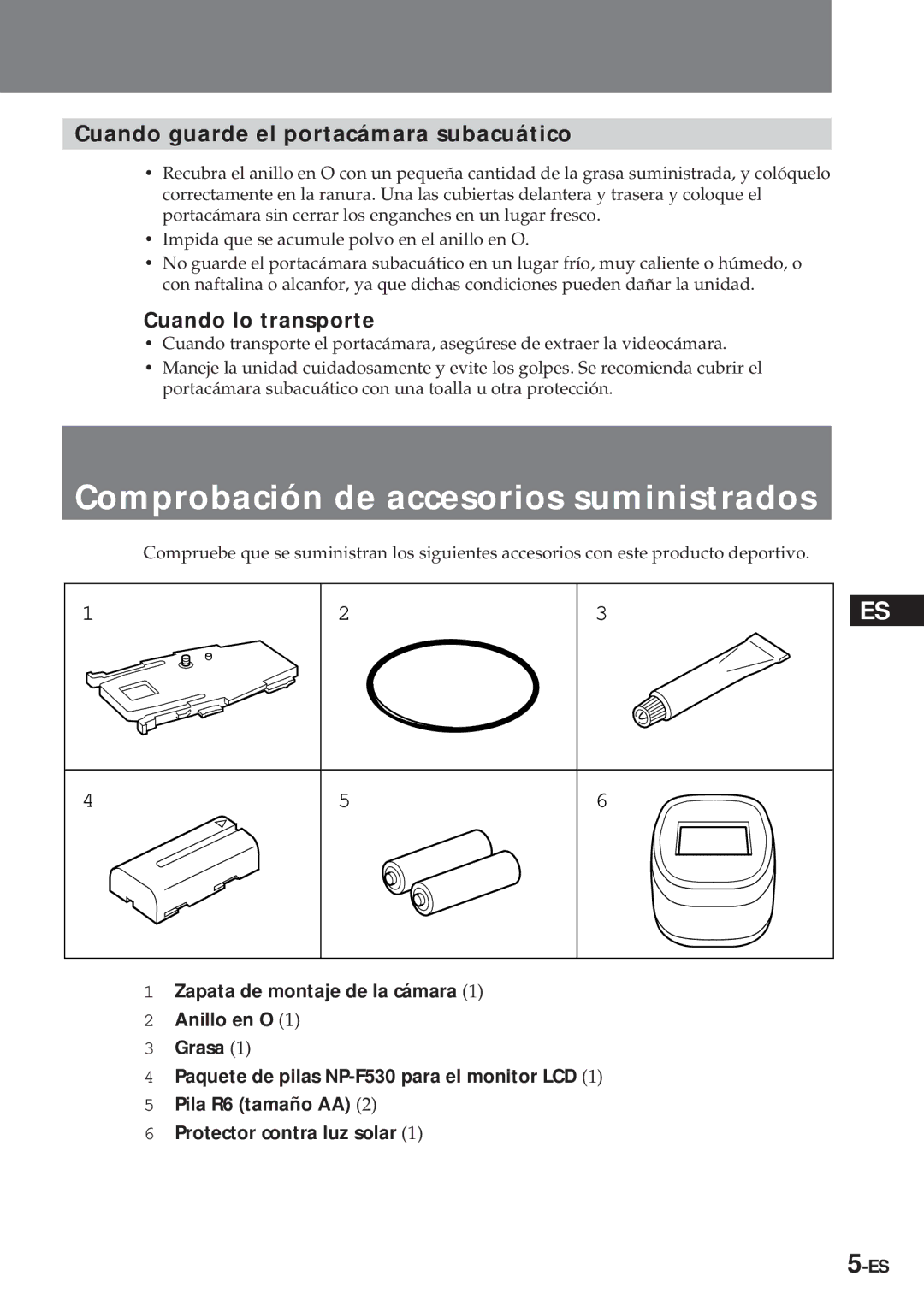 Sony MPK-TRV7 Comprobación de accesorios suministrados, Cuando guarde el portacámara subacuático, Cuando lo transporte 