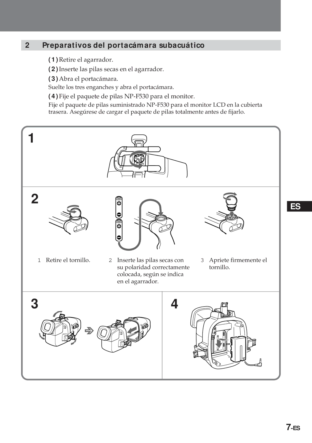 Sony MPK-TRV7 manual Preparativos del portacámara subacuático 