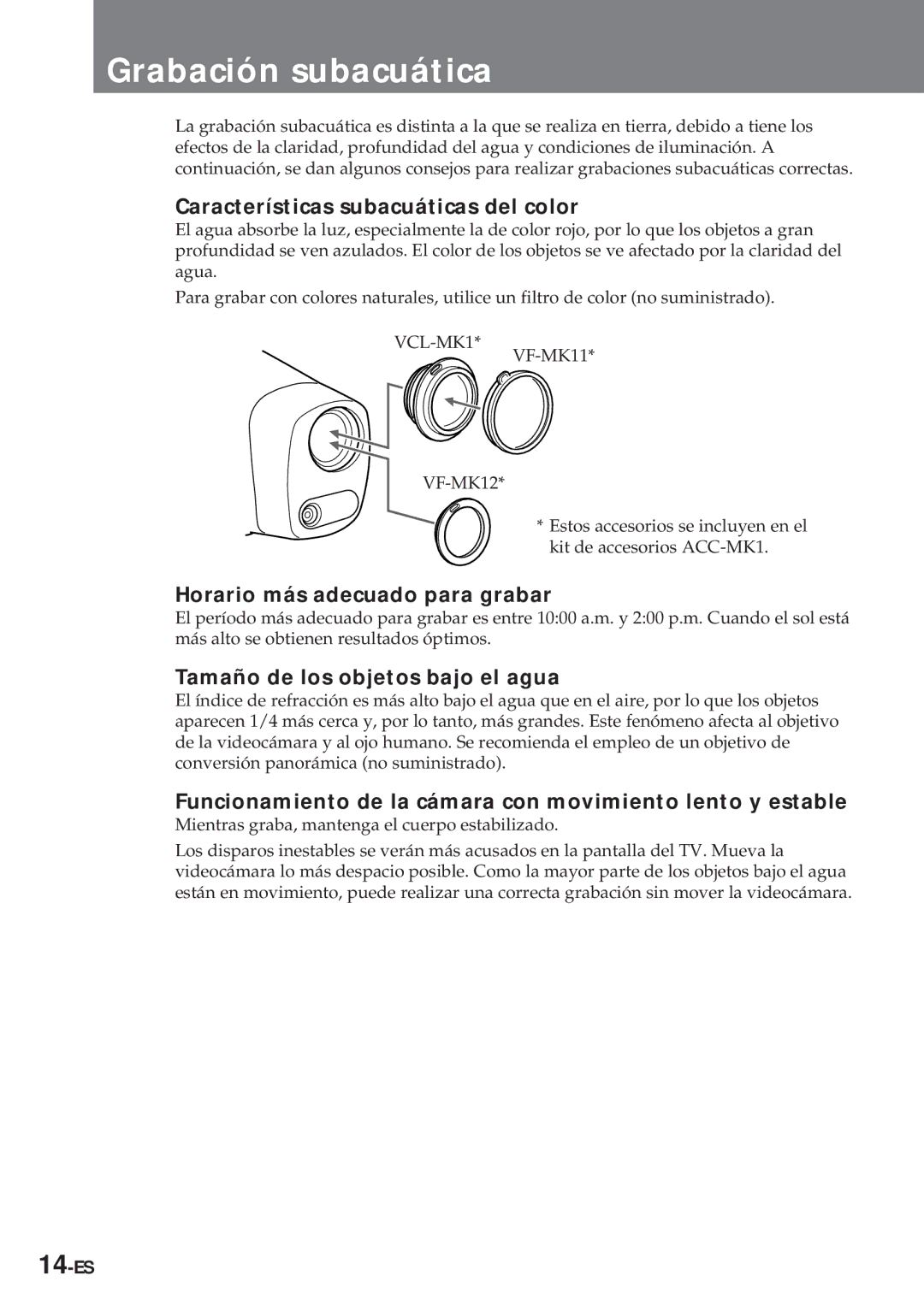 Sony MPK-TRV7 manual Grabación subacuática, Características subacuáticas del color, Horario más adecuado para grabar 