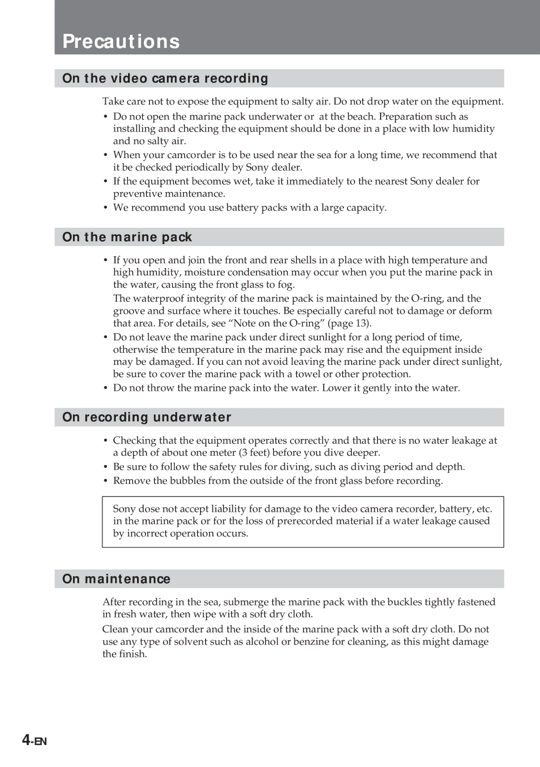 Sony MPK-TRV7 Precautions, On the video camera recording, On the marine pack, On recording underwater, On maintenance 