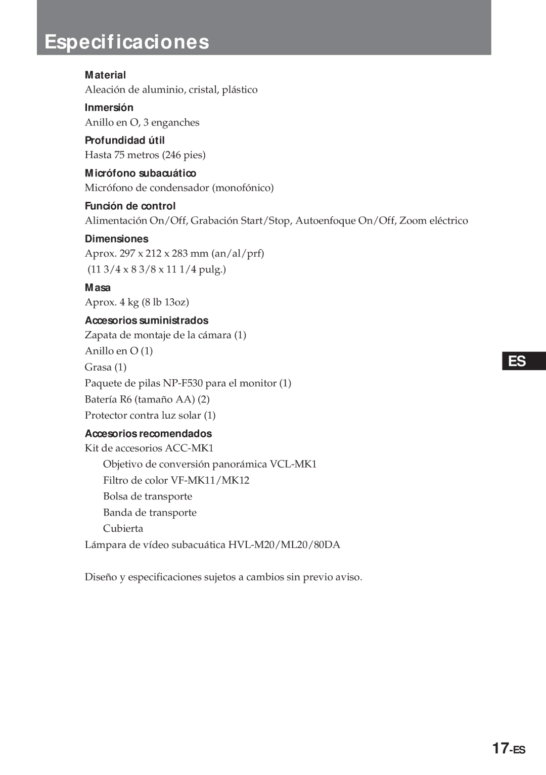 Sony MPK-TRV7 manual Especificaciones 