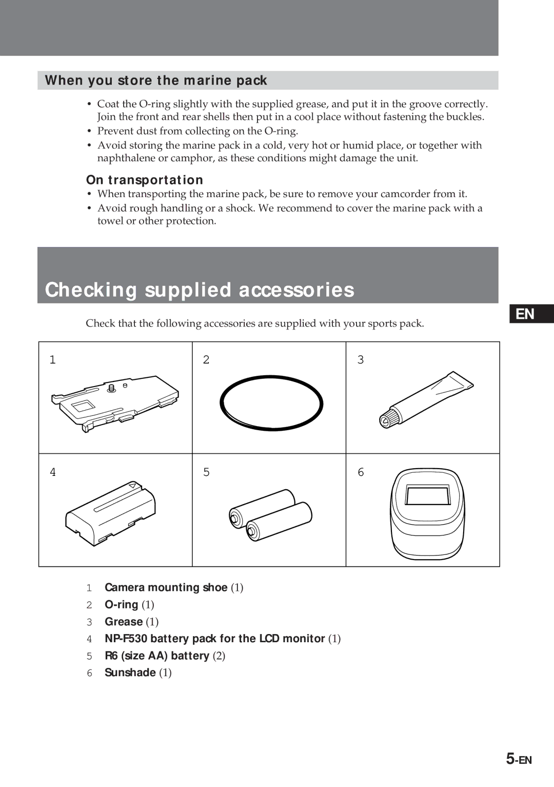 Sony MPK-TRV7 manual Checking supplied accessories, When you store the marine pack, On transportation 