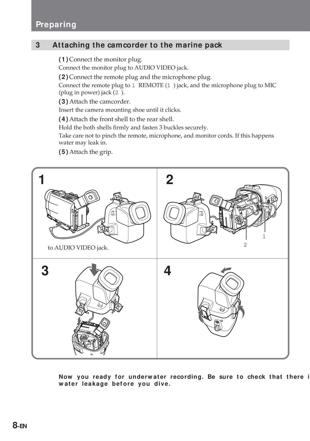 Sony MPK-TRV7 manual Preparing, Attaching the camcorder to the marine pack 