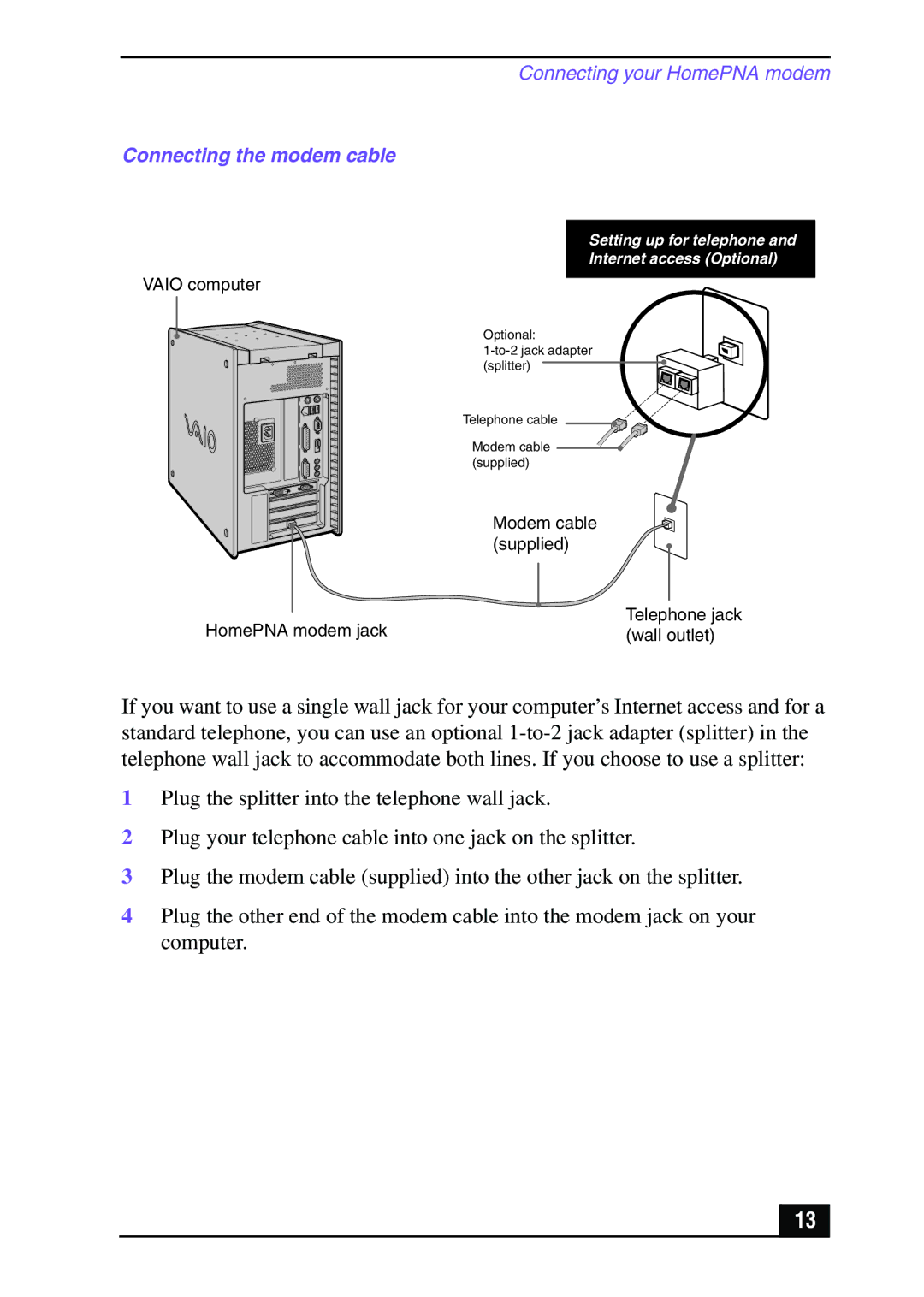 Sony MPKTHE quick start Connecting the modem cable 