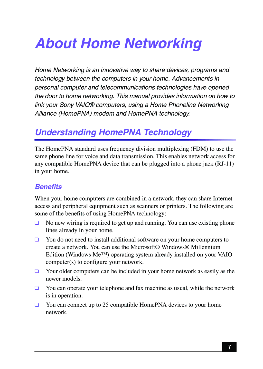 Sony MPKTHE quick start Understanding HomePNA Technology, Benefits 