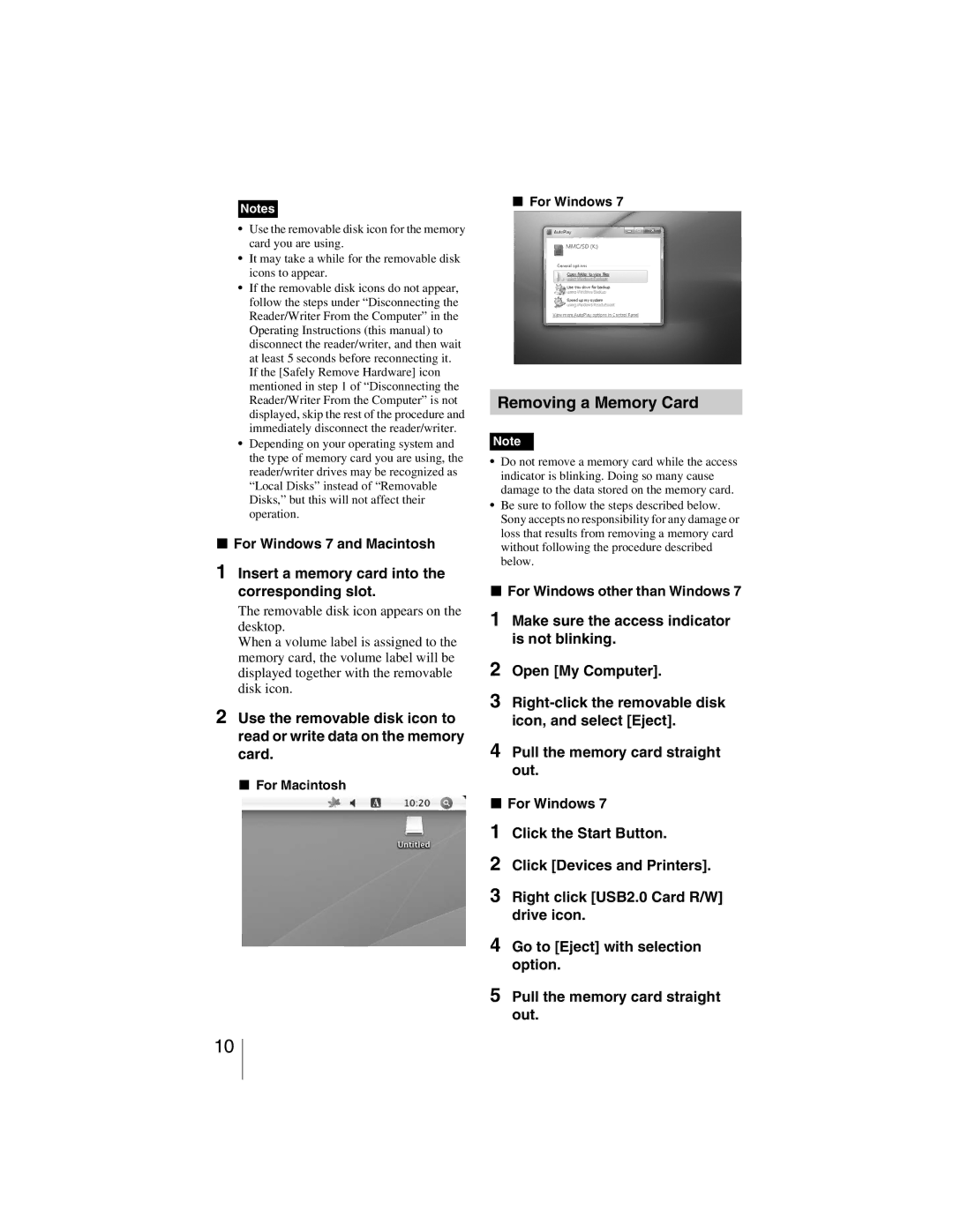 Sony MRW-EA7 manual Removing a Memory Card 