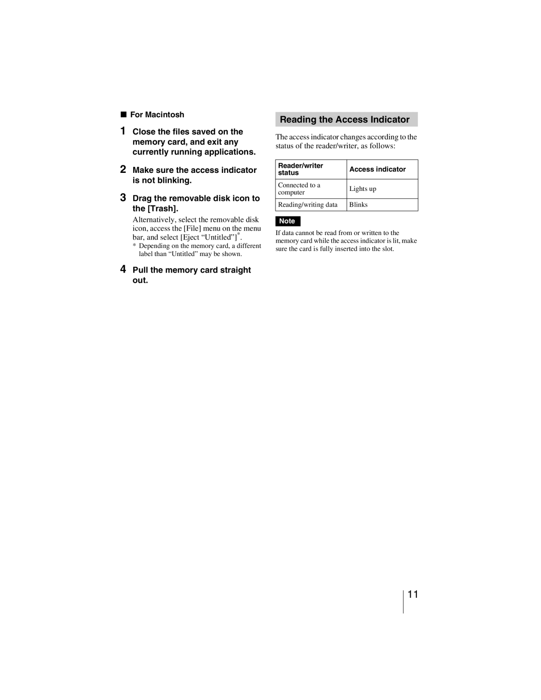 Sony MRW-EA7 manual Reading the Access Indicator, Reader/writer Access indicator Status 